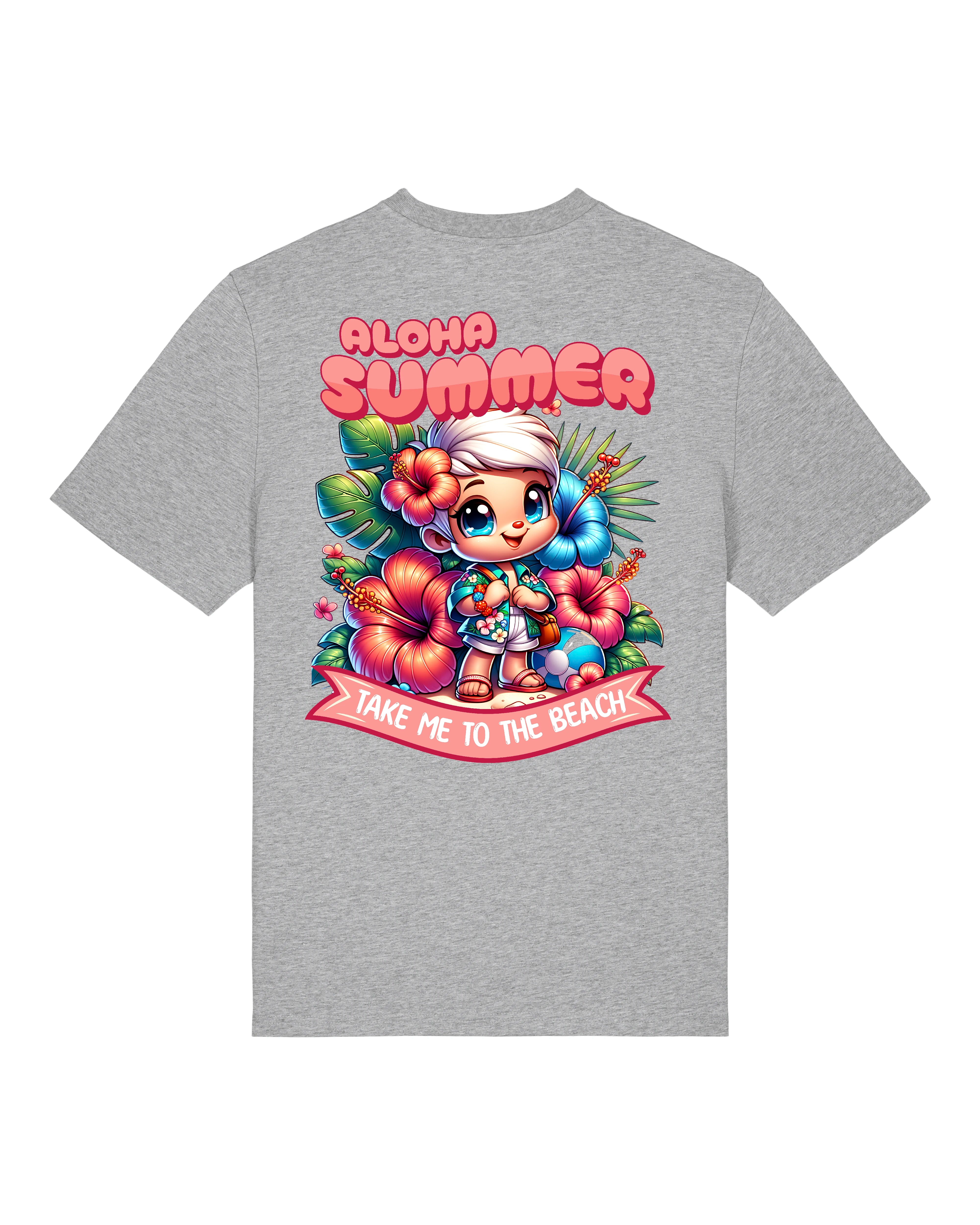 Graues Funshirt mit Hibiskusblüten, Palmen und animiertem Sommermotiv auf dem Rücken