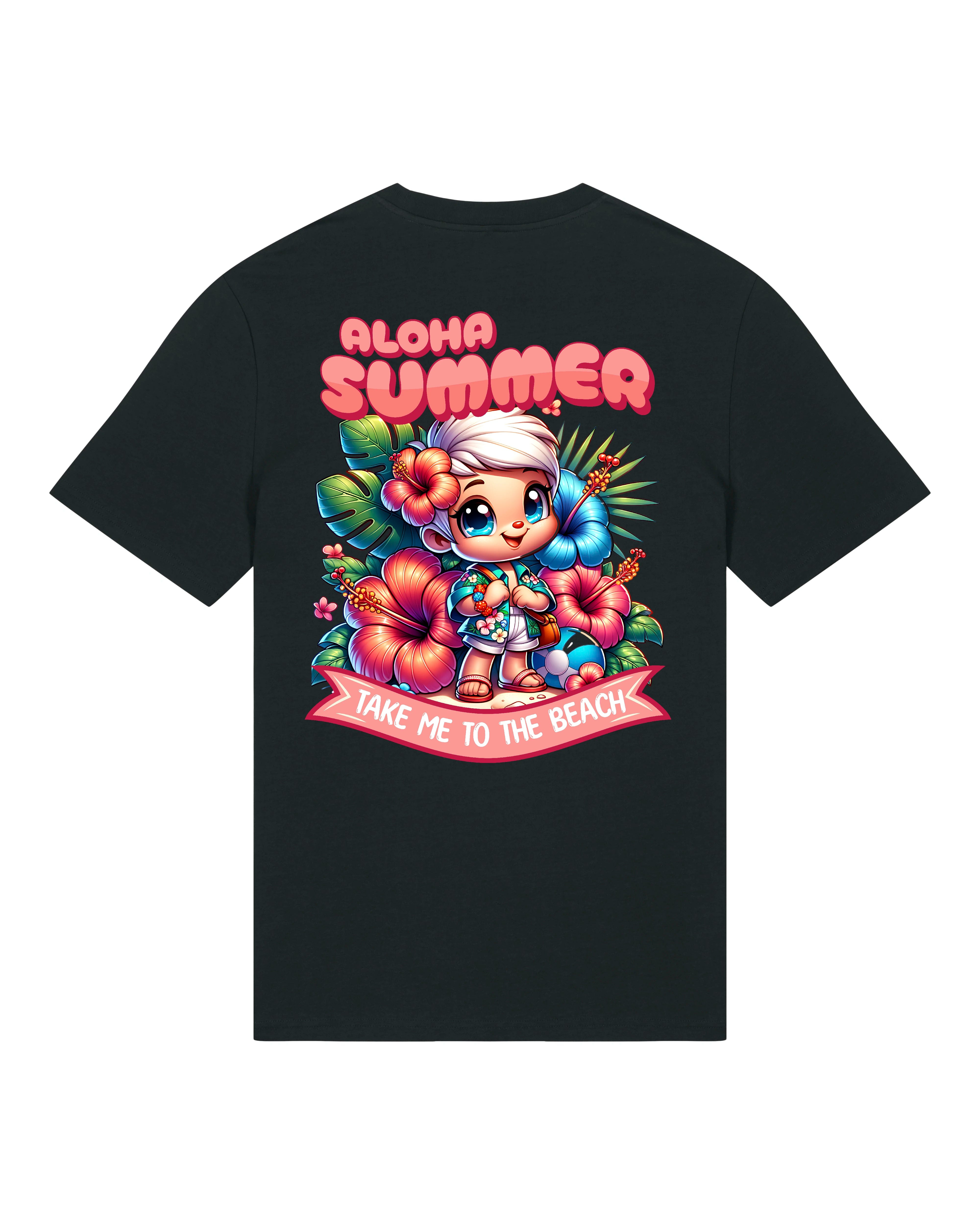 Schwarzes Oversize-Shirt mit tropischem Backprint „Aloha Summer“ und Hawaii-Charakter