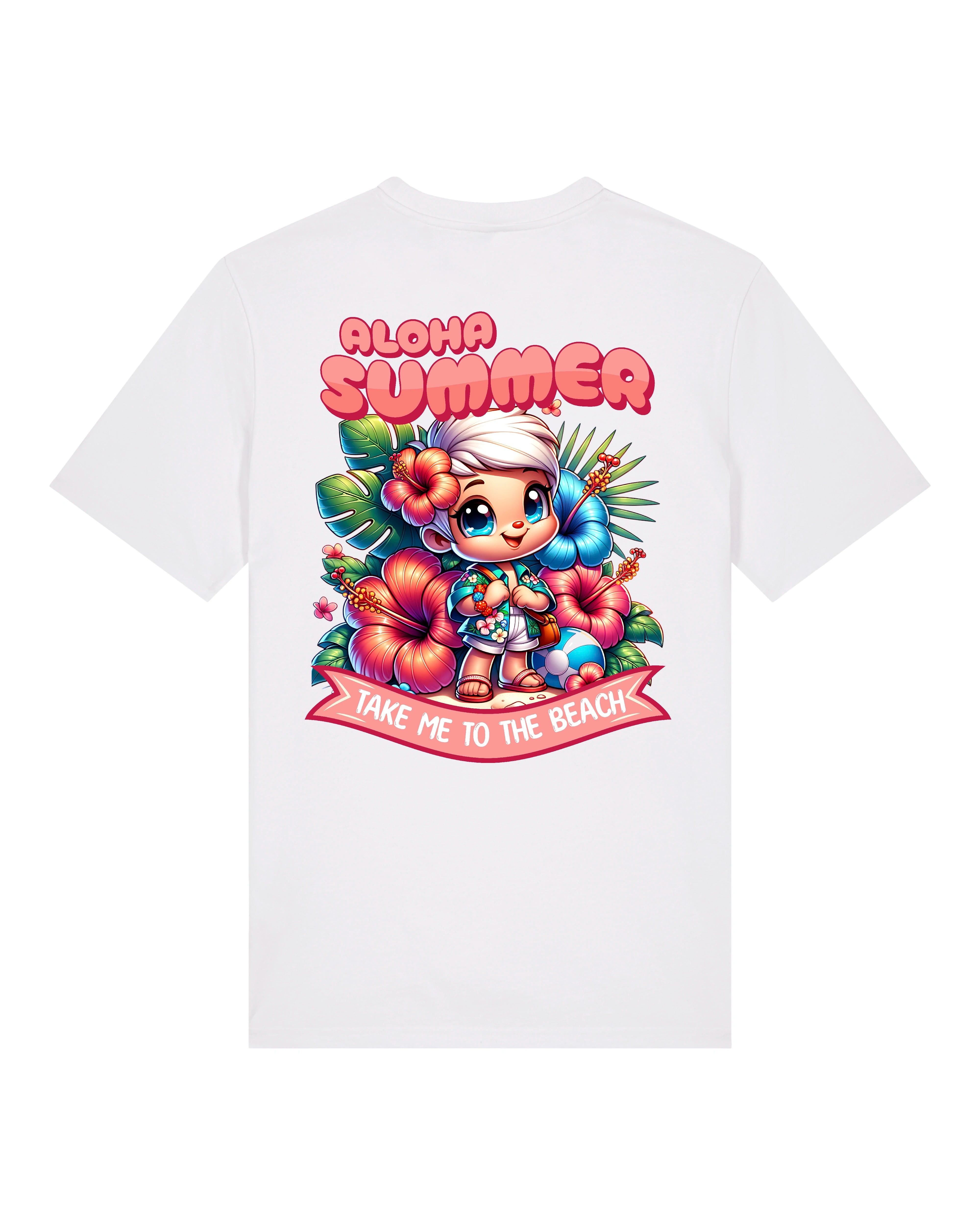 Weißes T-Shirt mit buntem Sommermotiv, Comic-Figur und Aufschrift „Take me to the beach“