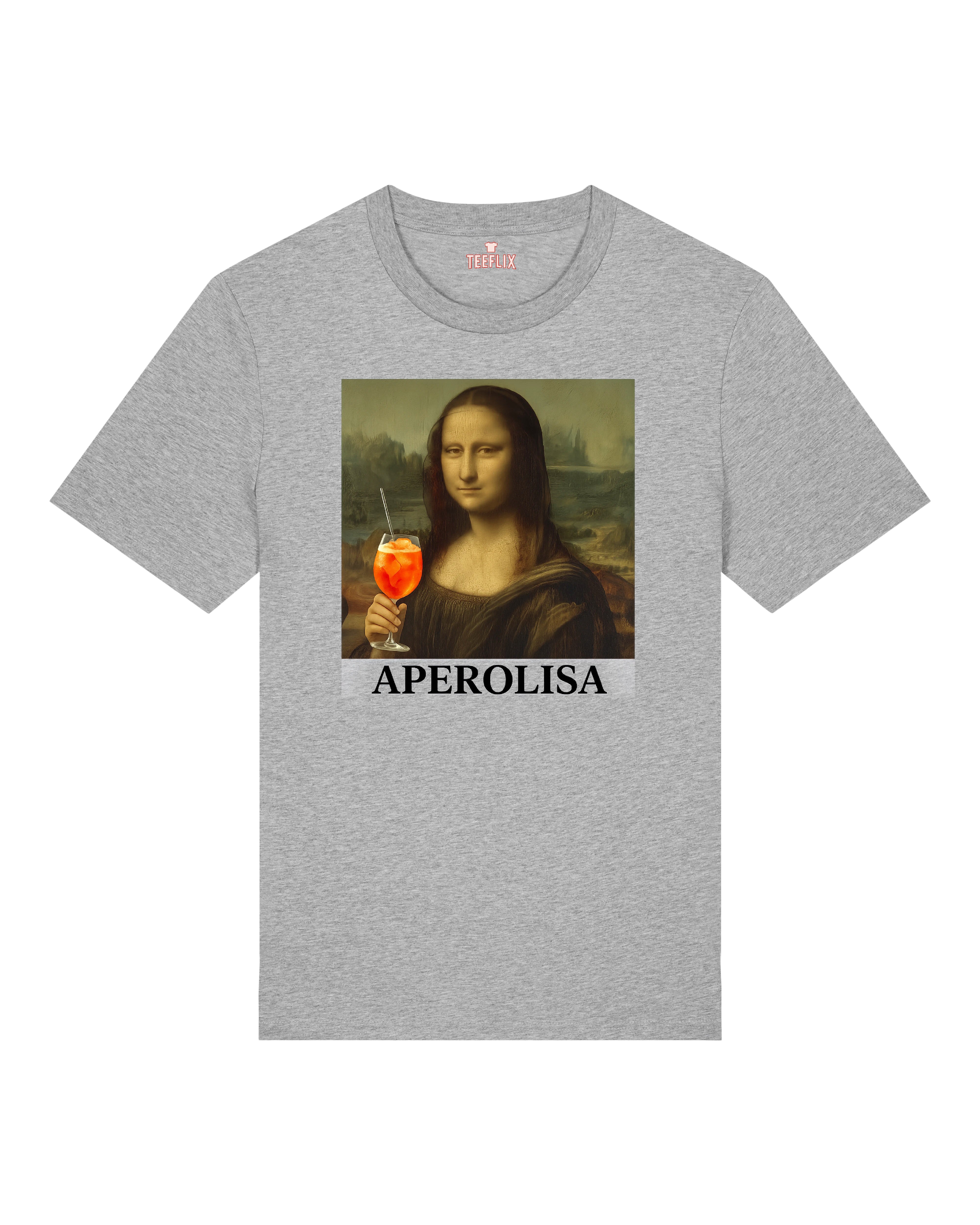 Graues Funshirt mit Mona Lisa und Aperolglas, Text „Aperolisa“ – perfekt für Aperitivo-Fans mit Humor.