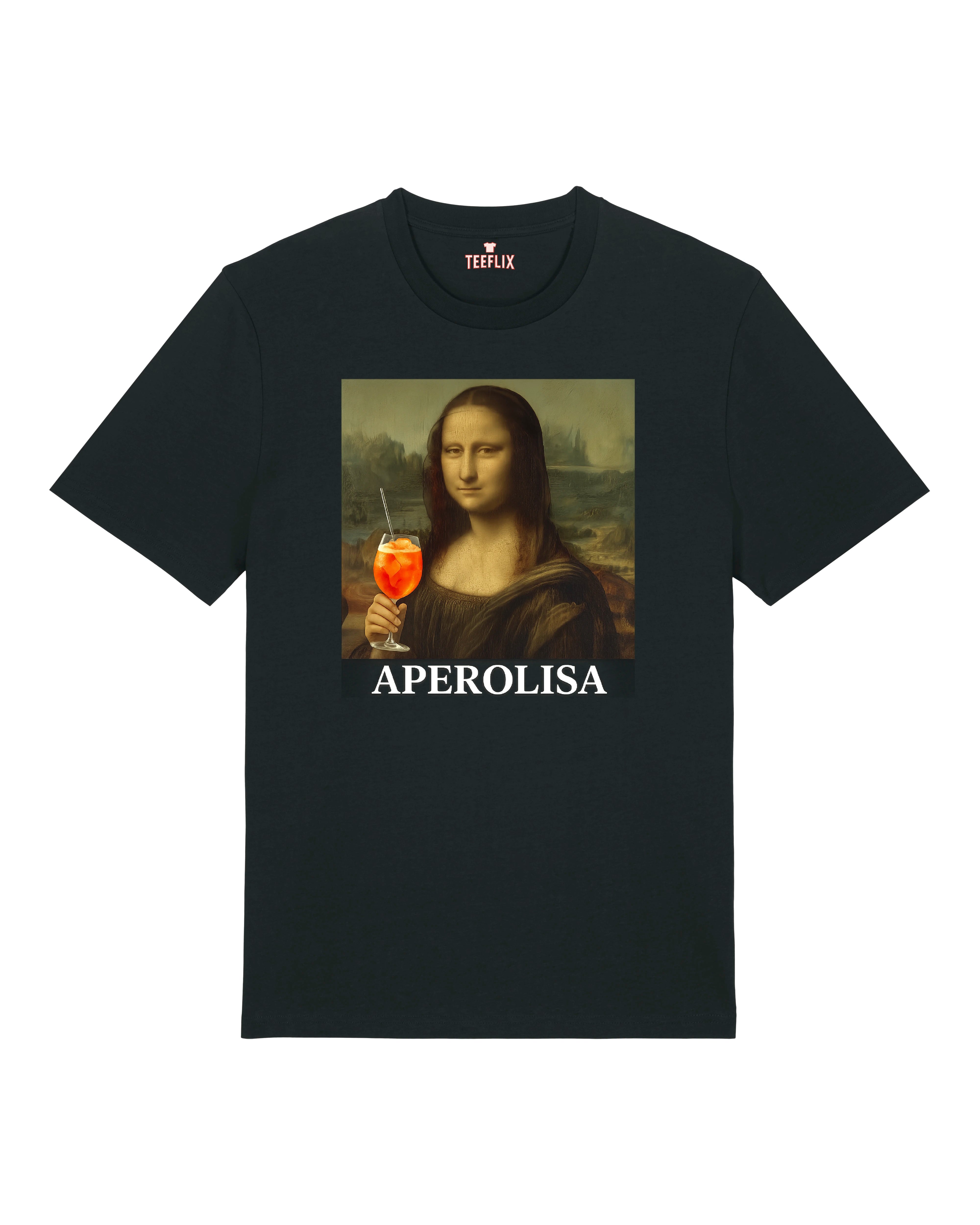 Schwarzes T-Shirt mit klassischem Mona Lisa-Motiv und Aperol Spritz – lustiges Kunst-Parodie-Shirt.