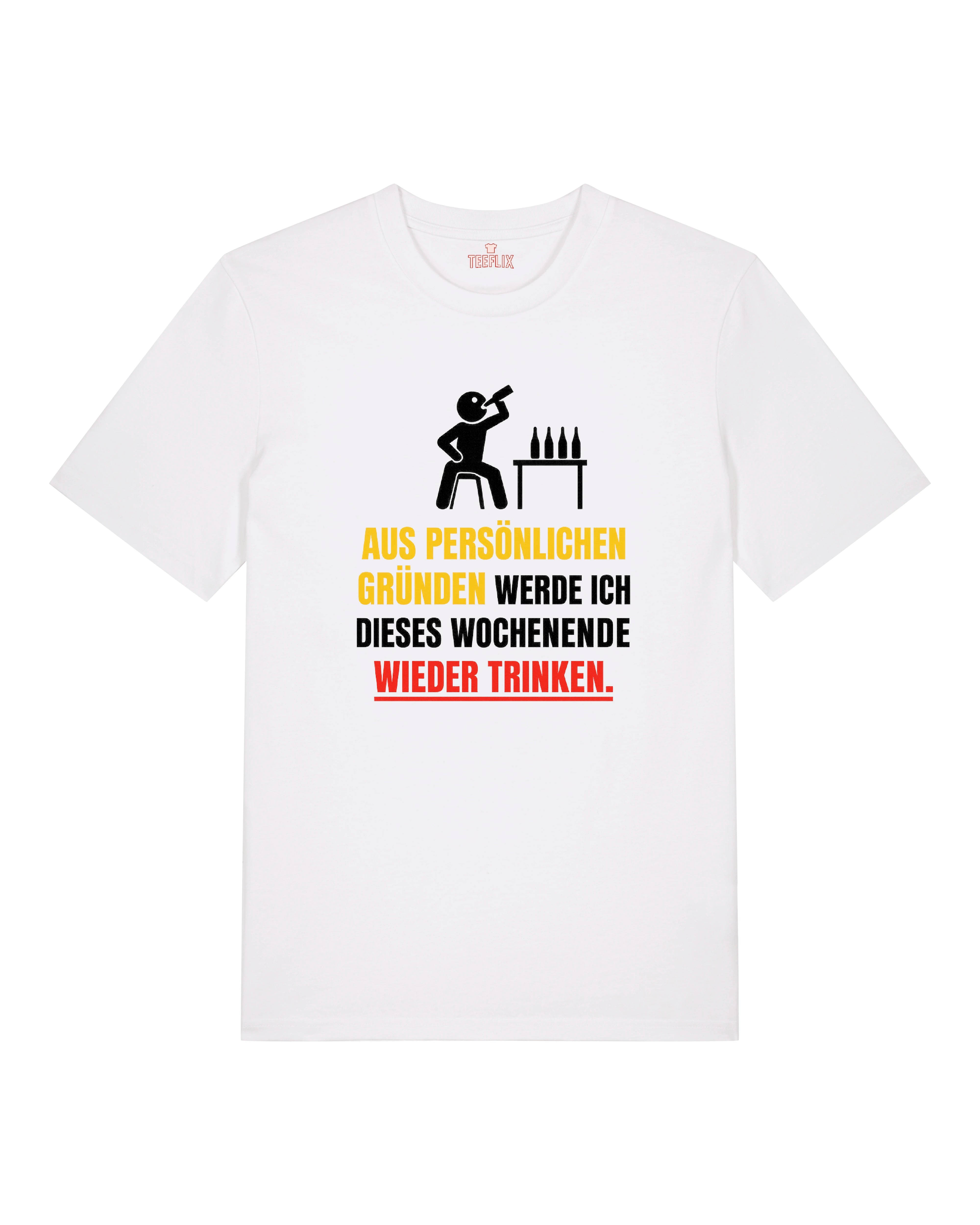 Weißes T-Shirt mit Trinkmotiv und deutschem Farbschema