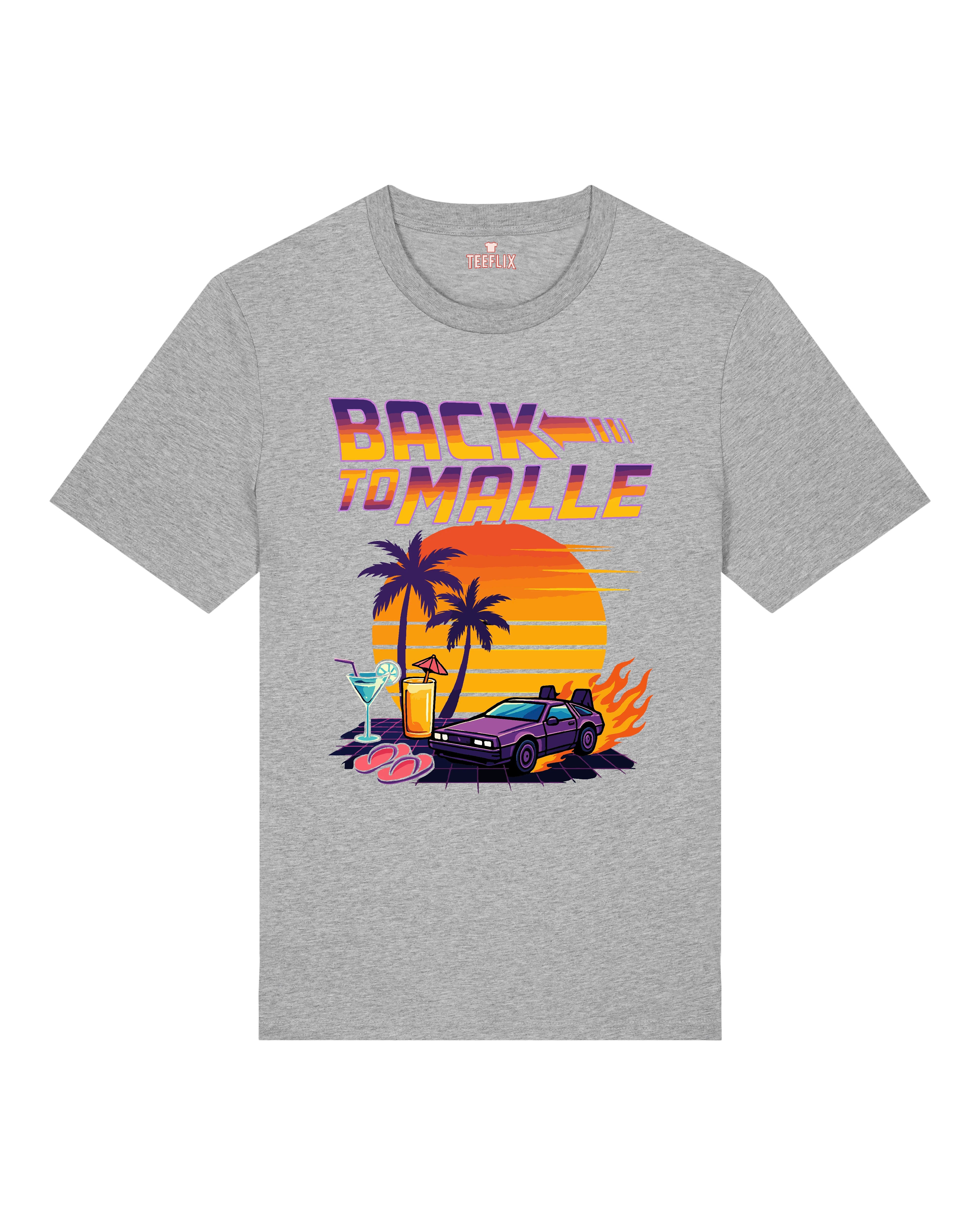 Retro T-Shirt mit Sonnenuntergang, DeLorean, Palmen und Cocktails – Motiv „Back to Malle“.