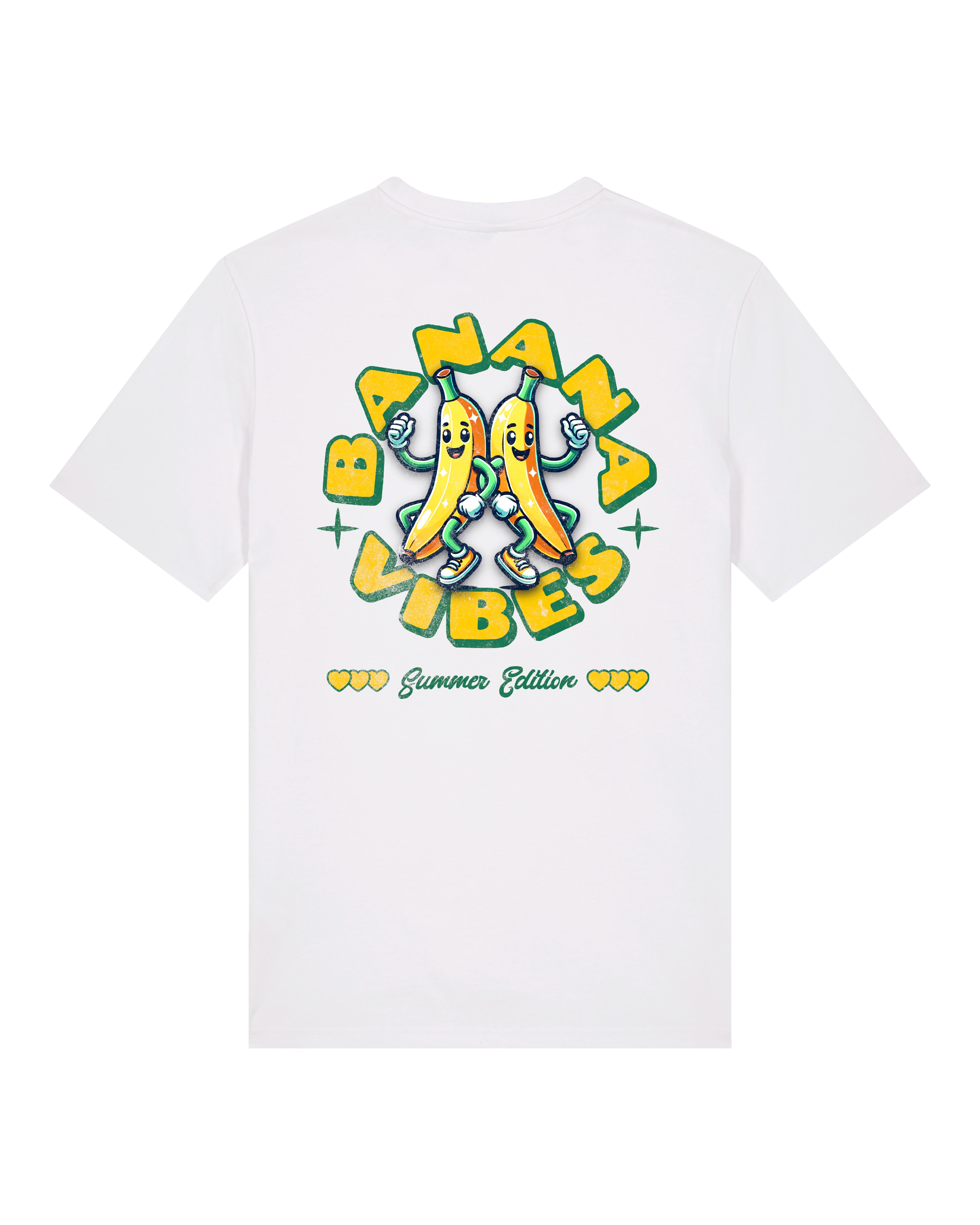 Weißes T-Shirt mit buntem Banana Vibes Print auf dem Rücken