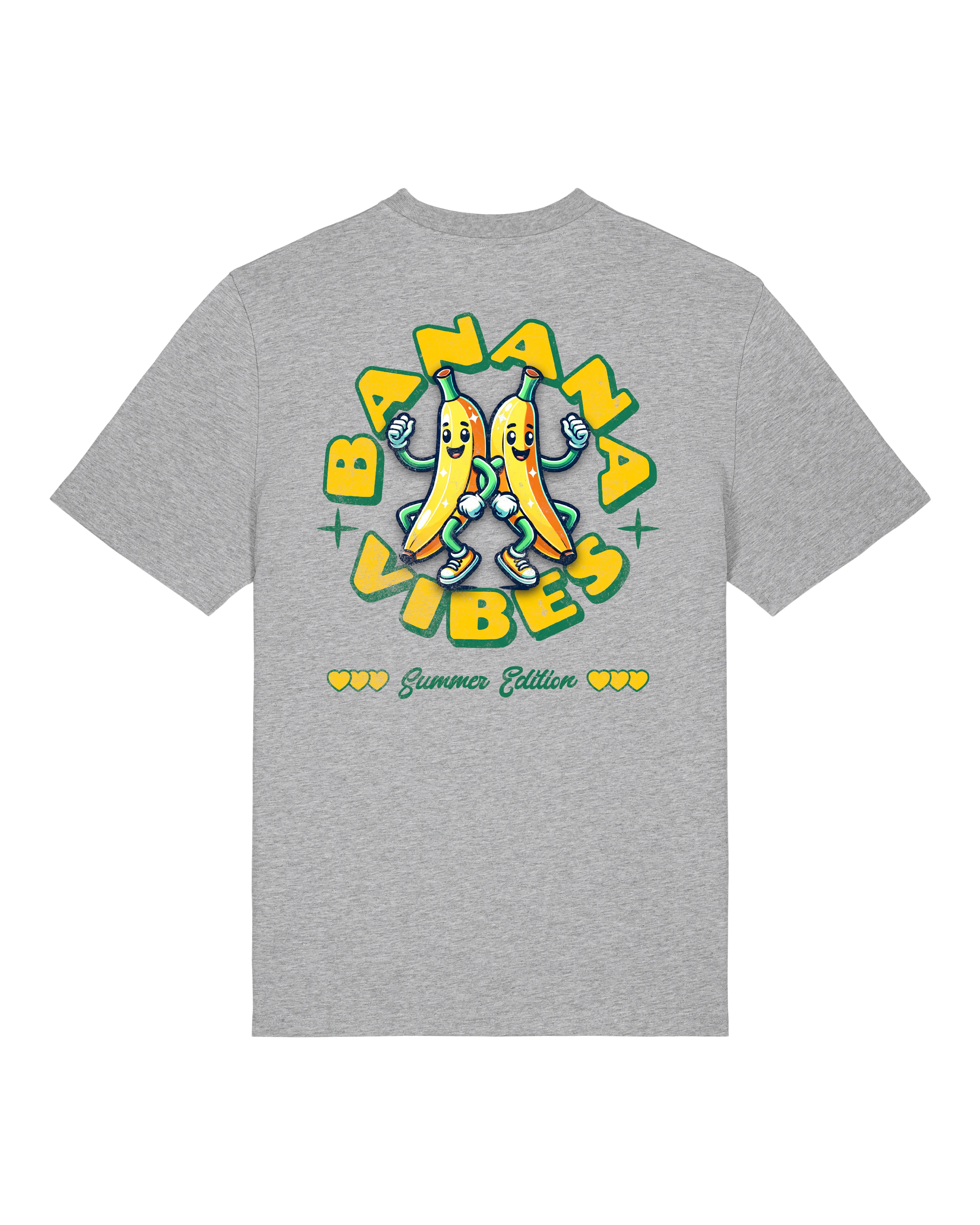 Graues Shirt mit Sommer-Motiv: zwei Bananen & Banana Vibes Schriftzug