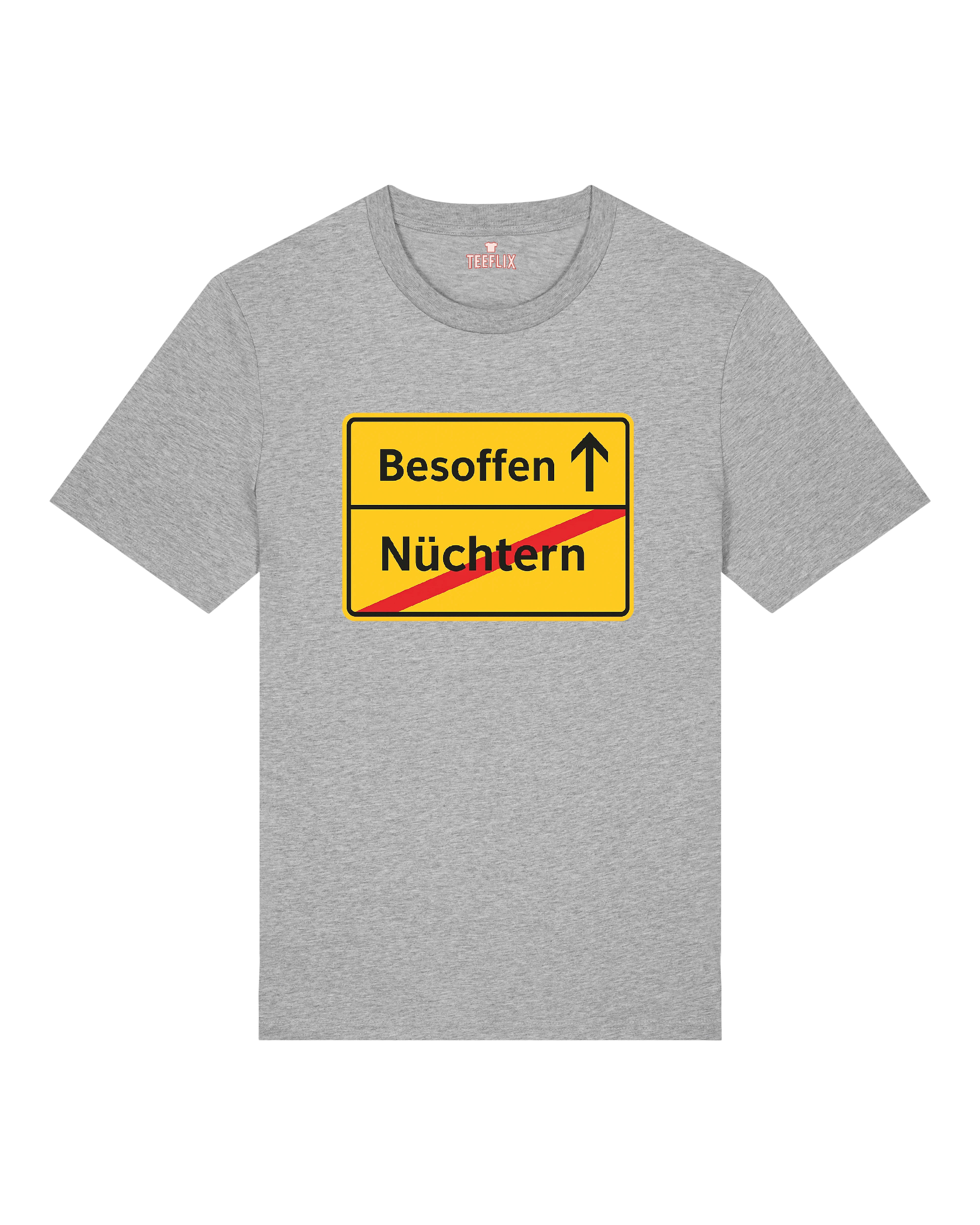 Graues Funshirt mit Schild-Motiv: „Nüchtern“ gestrichen, „Besoffen“ im Aufstieg – Statement für Feierlaune.