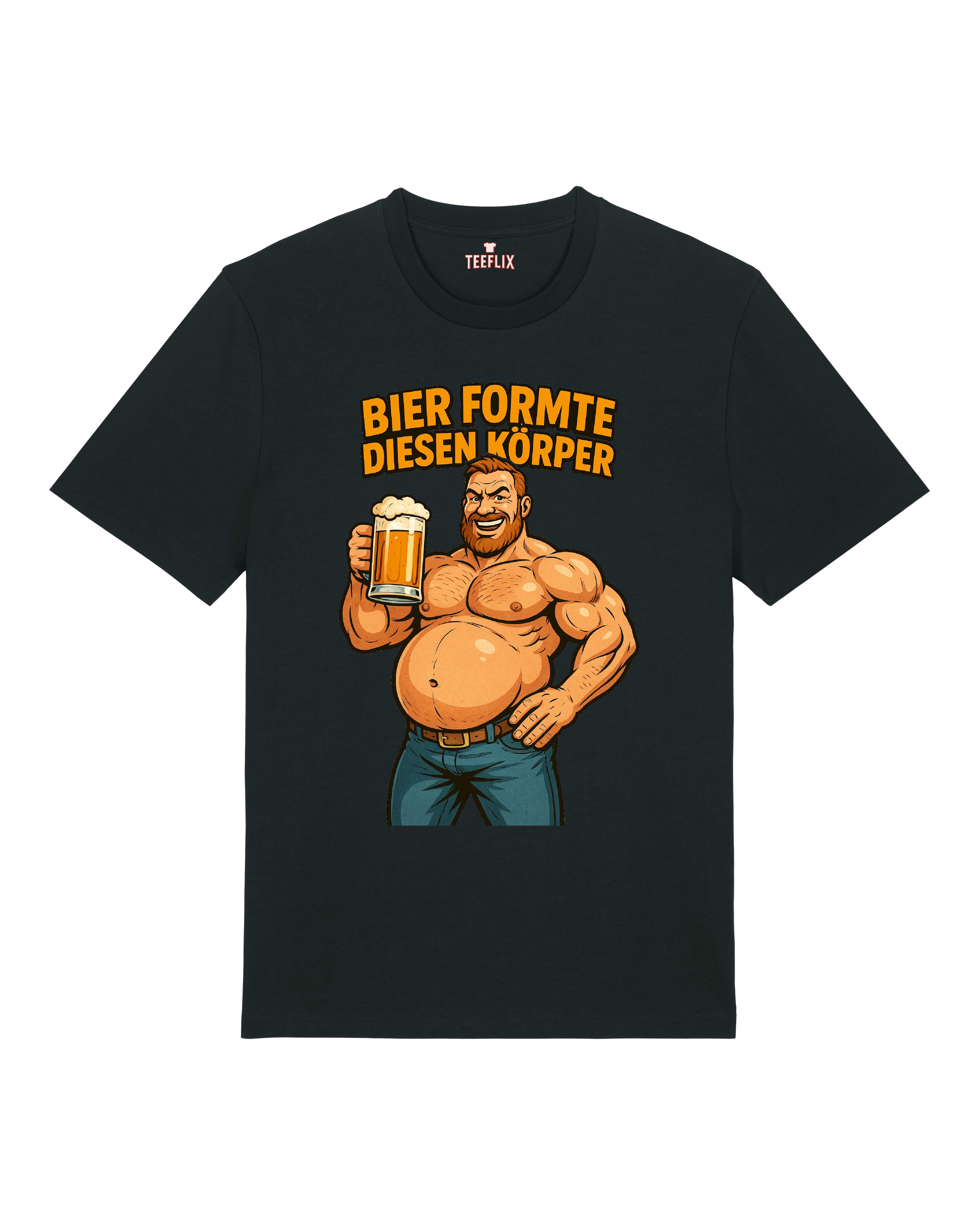 Das Motiv zeigt einen selbstbewussten, muskulösen Mann mit markantem Bierbauch, der ein großes, schäumendes Bierglas triumphierend in die Höhe hält. Über der Figur steht in kräftigen, orangefarbenen Buchstaben der humorvolle Spruch: „Bier formte diesen Körper“. Der Cartoon-Stil des Designs unterstreicht den ironischen Witz, während der kräftige Körper mit Bauchansatz charmant das Klischee des Bierliebhabers auf die Schippe nimmt. Perfekt für Fans von Selbstironie und Hopfenkultur.