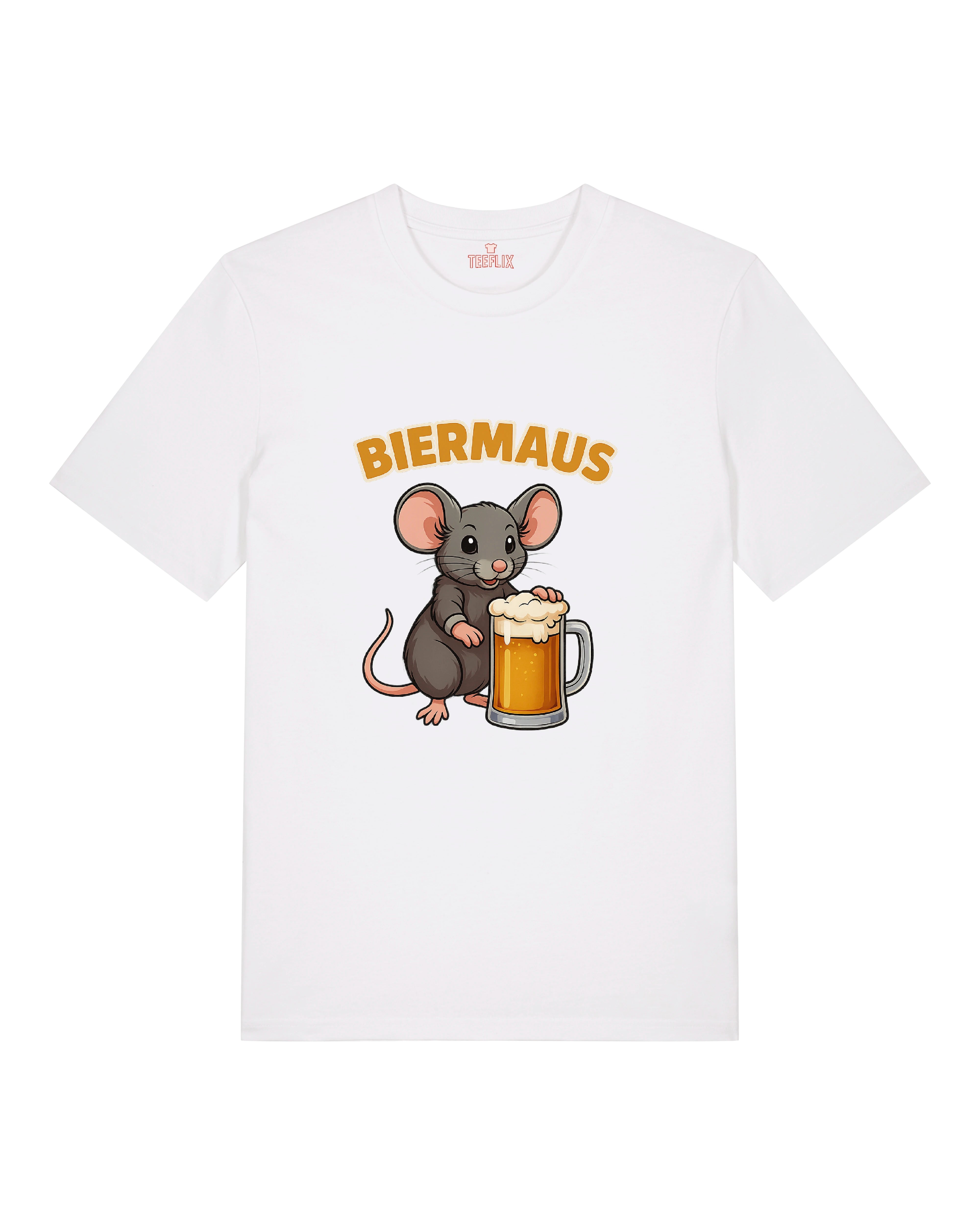 Weißes T-Shirt mit süßer Comic-Maus und Bierkrug, Text „Biermaus“