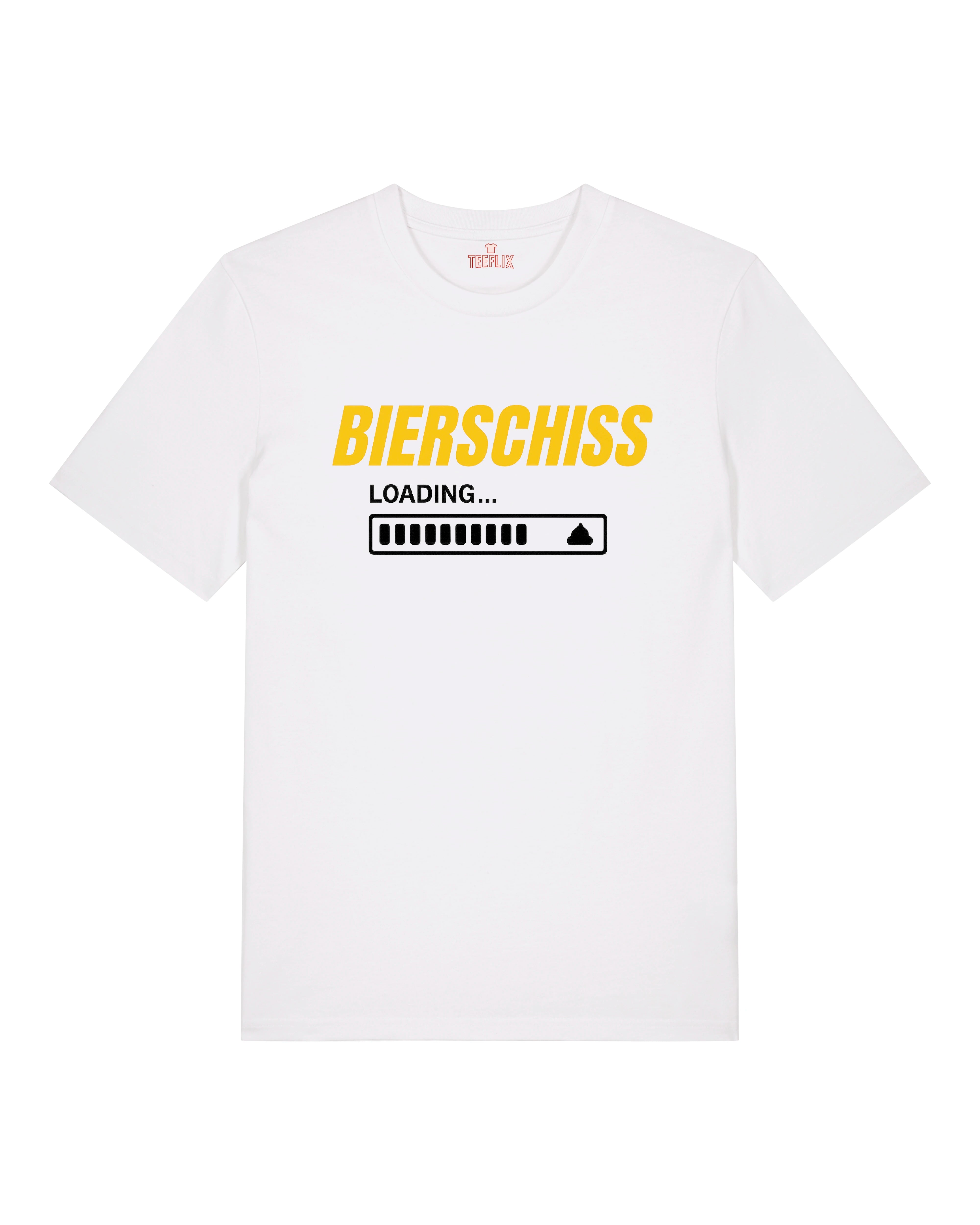 Lustiges T-Shirt mit dem Aufdruck "BIERSCHISS LOADING...". Darunter befindet sich ein Ladebalken mit einem kleinen Kothaufen-Icon am Ende. Das Design ist in Gelb und Schwarz gehalten und humorvoll auf das Thema Alkohol und dessen Folgen bezogen. Erhältlich in Weiß, Schwarz und Grau.