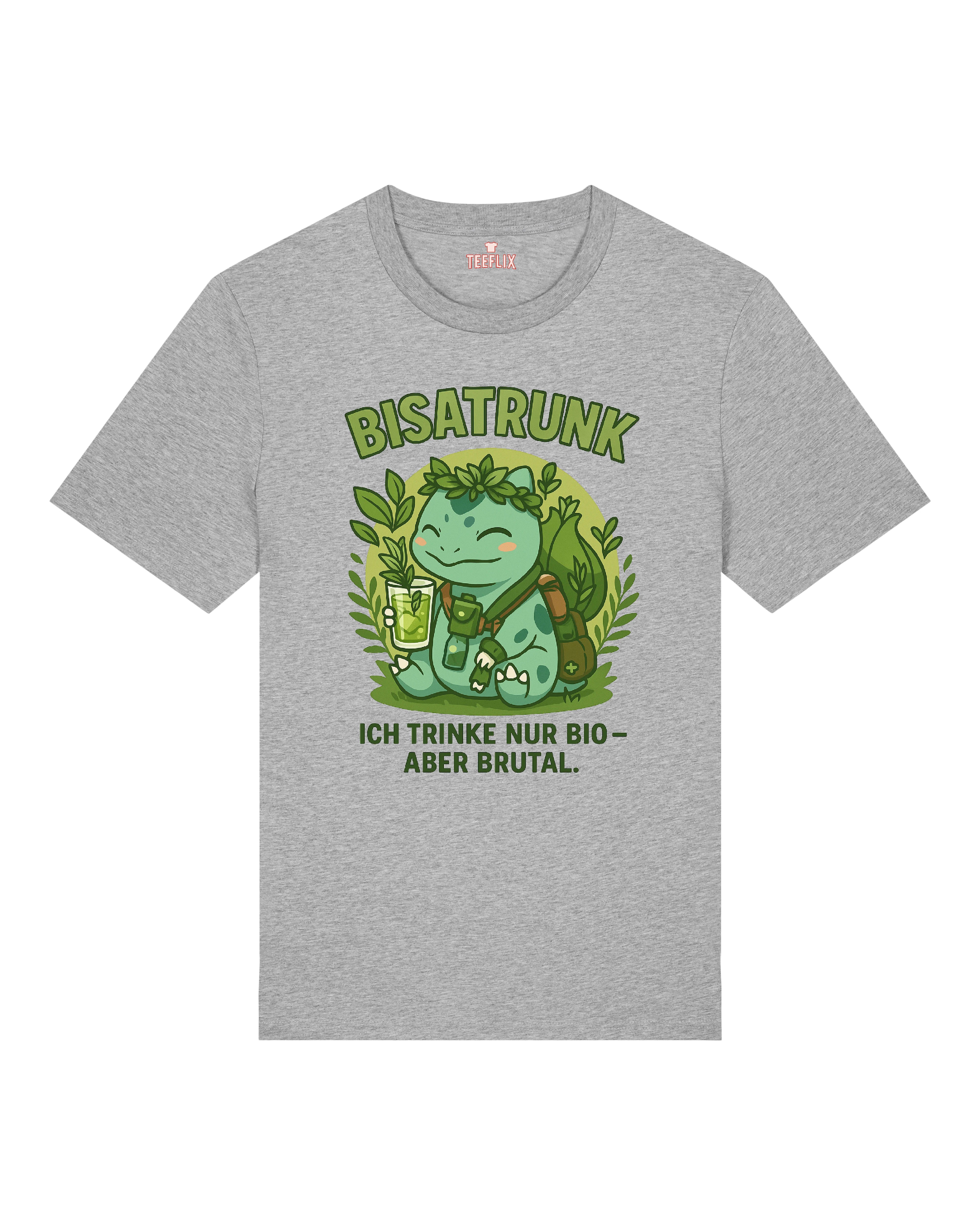 Bisatrunk T-Shirt in Grau – stylisches Bio-Statement mit Blattkranz, Drink und lockerem Spruch für urbane Naturfreunde.