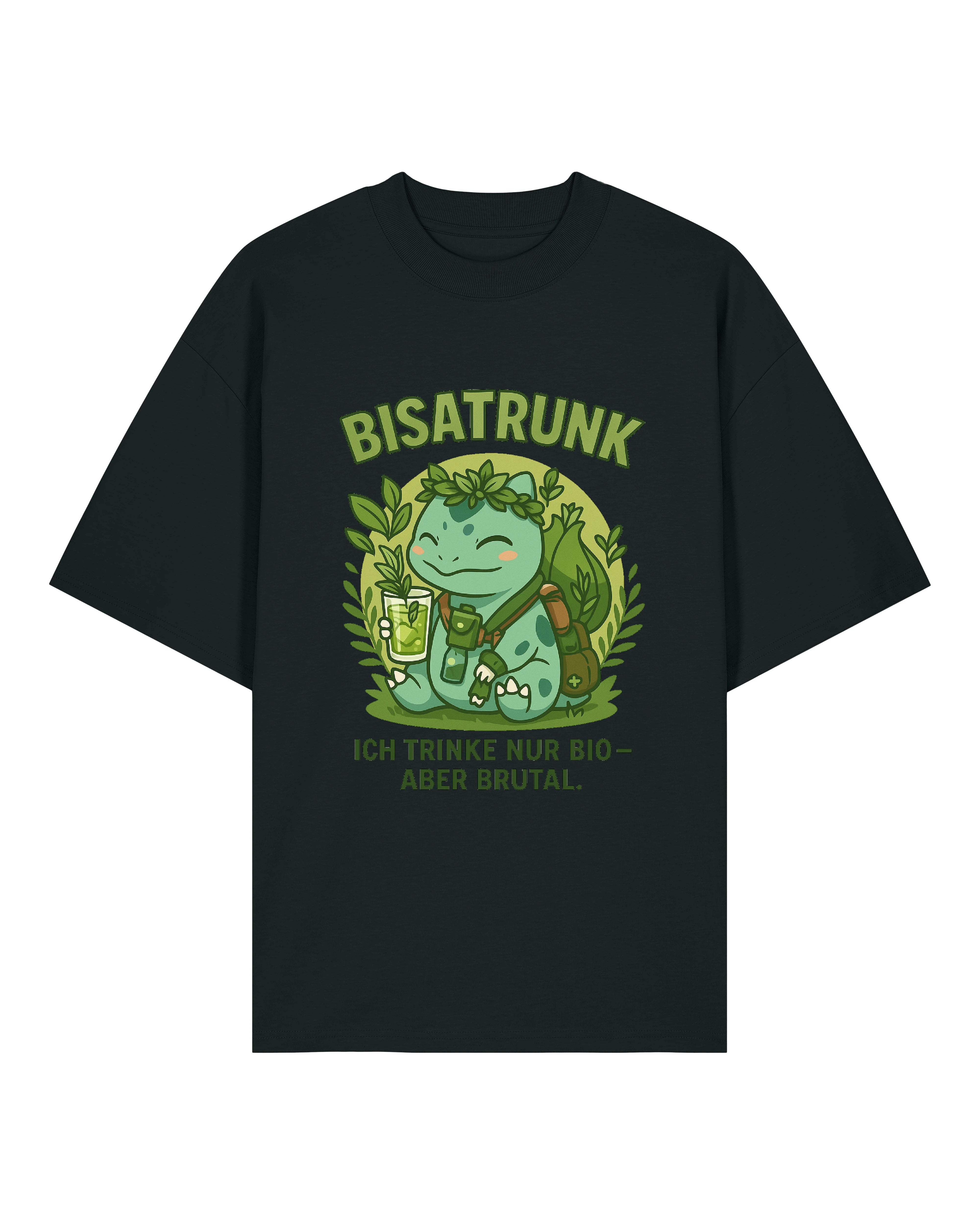 Bisatrunk T-Shirt in Schwarz – kräftiger Druck mit satten Grüntönen und augenzwinkerndem Öko-Humor, perfekt für Festivals oder Alltag.