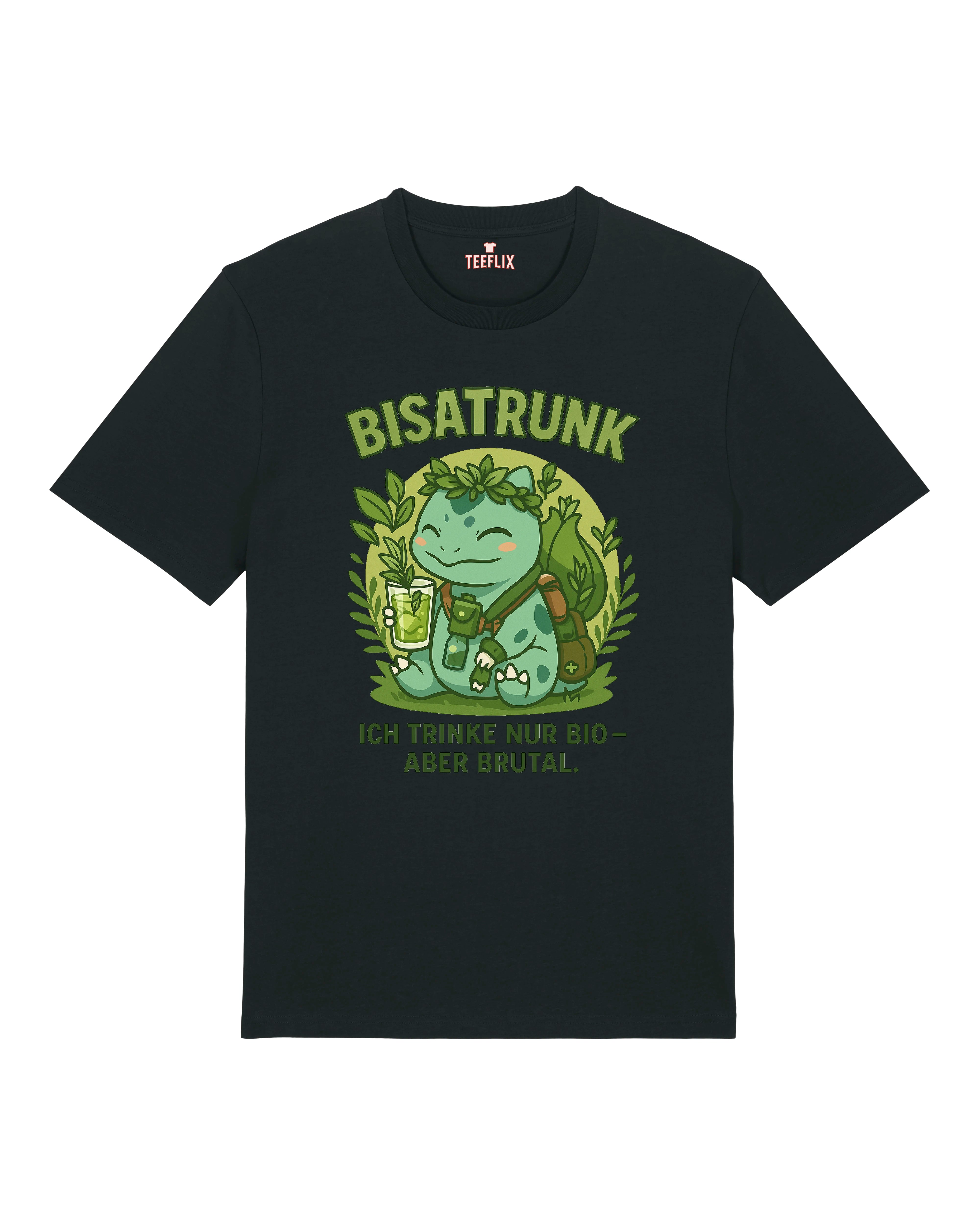 Bisatrunk T-Shirt in Schwarz – kräftiger Druck mit satten Grüntönen und augenzwinkerndem Öko-Humor, perfekt für Festivals oder Alltag.