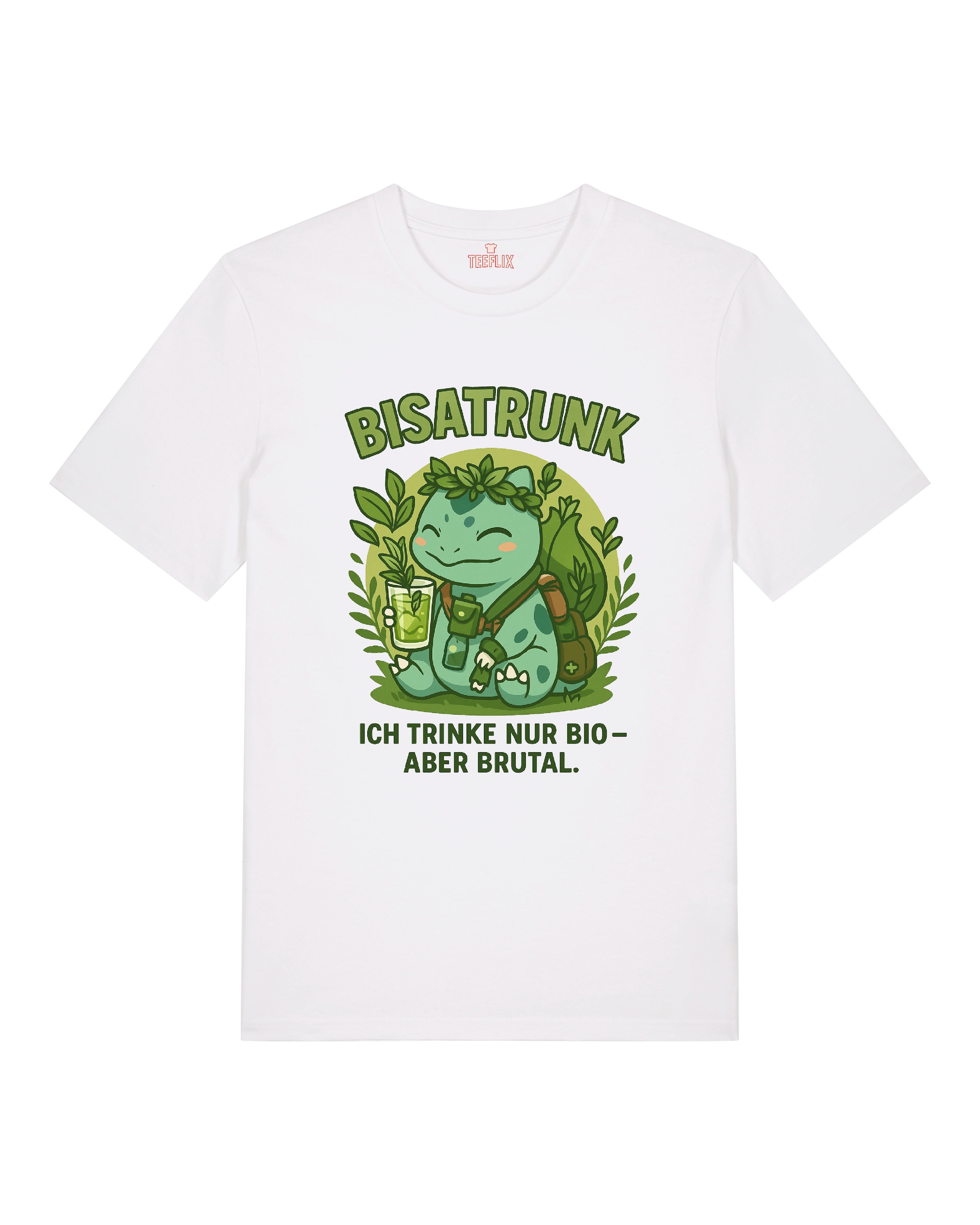 Bisatrunk T-Shirt in Weiß – entspanntes Pflanzenwesen mit Bio-Drink im grünen Festival-Look. Frisch, clean, öko-frech.
