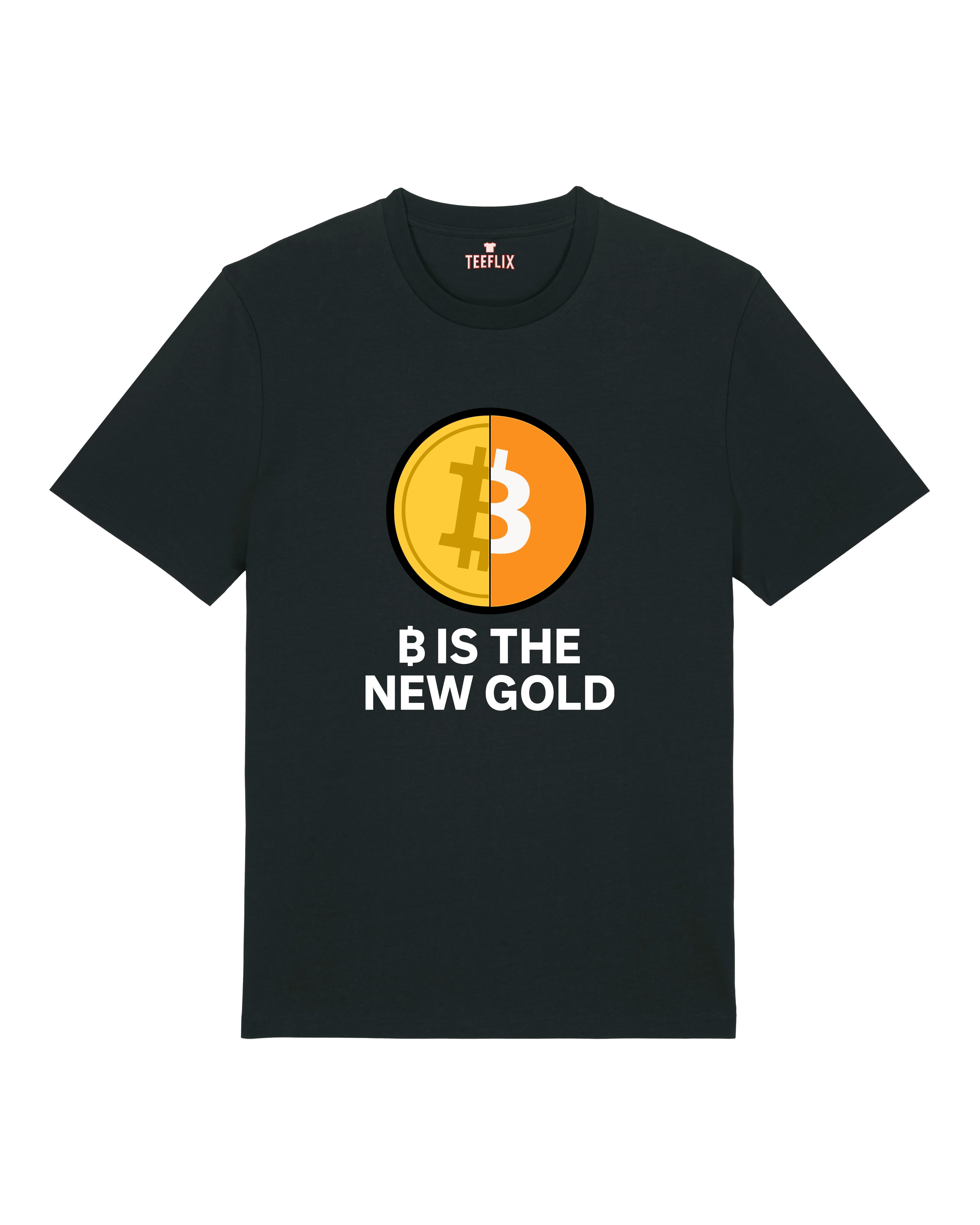 Schwarzes Bitcoin T-Shirt mit dem Text "₿ IS THE NEW GOLD" – Premium Unisex Crypto Shirt von Teeflix