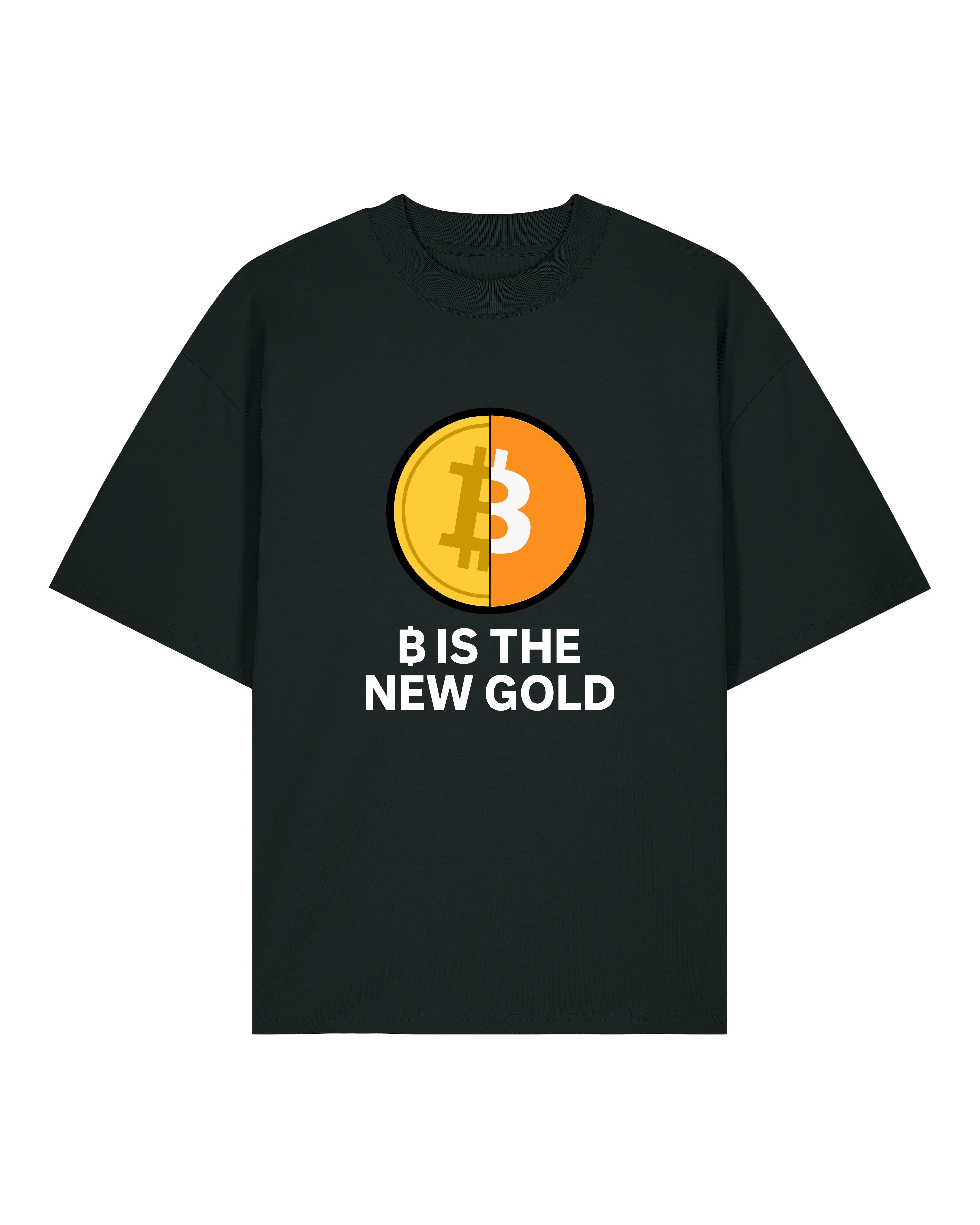 Oversized schwarzes Krypto Shirt mit Bitcoin-Motiv "₿ IS THE NEW GOLD" – witziges T-Shirt mit Spruch von Teeflix