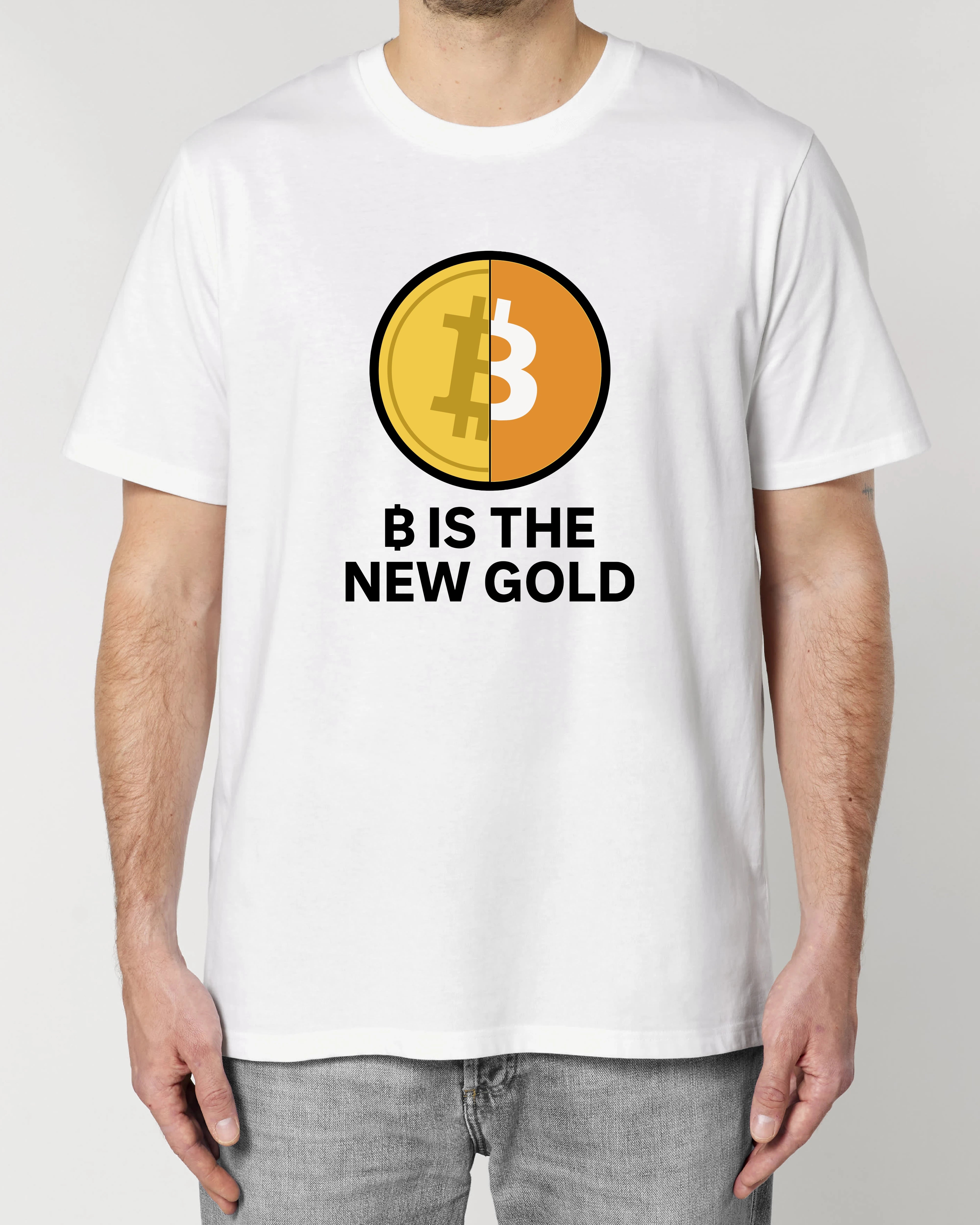 Premium Unisex T-Shirt in Weiß mit dem Spruch "₿ IS THE NEW GOLD" – Krypto Shirt für Bitcoin Fans von Teeflix