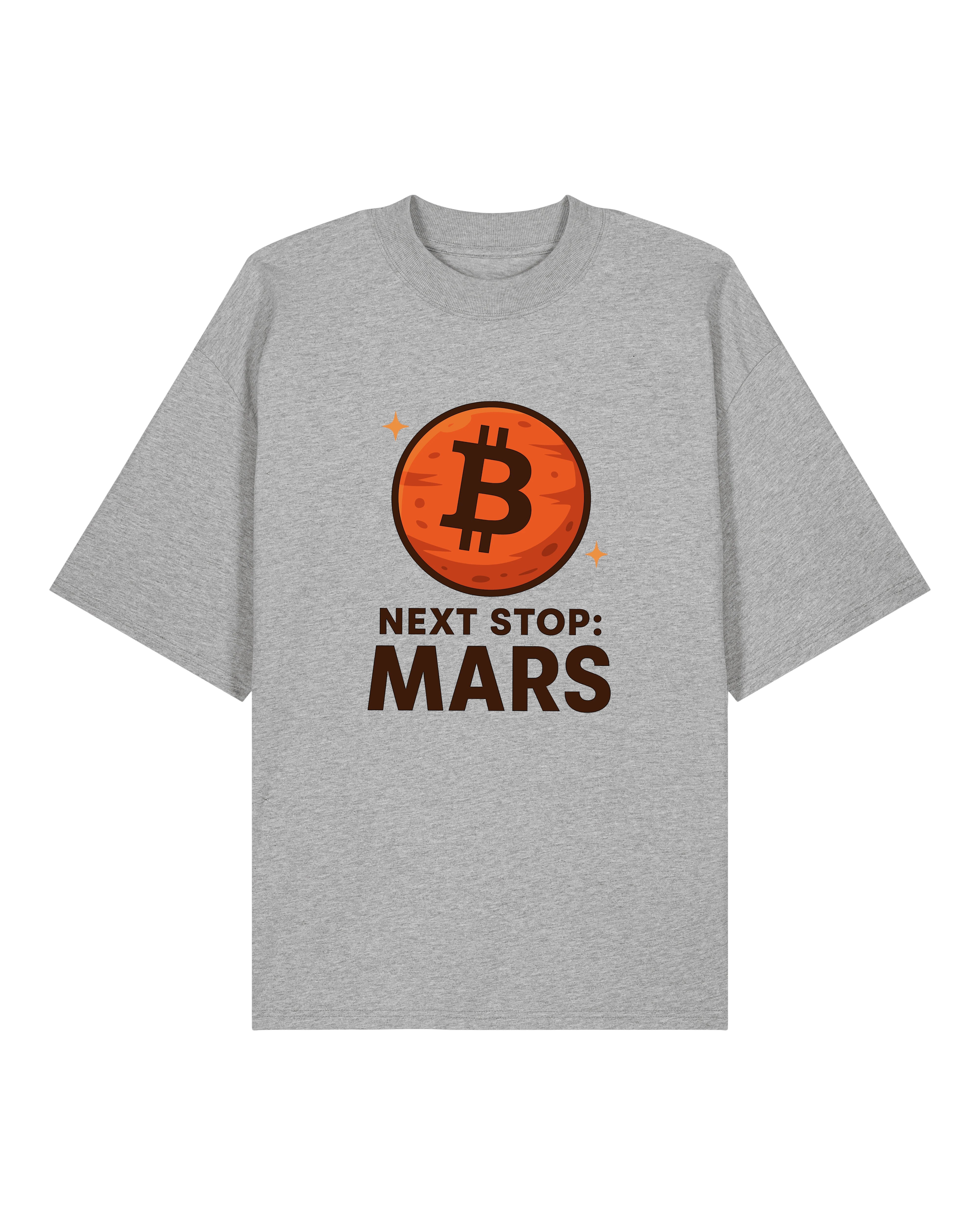 Oversized Fun T-Shirt in Grau mit Mars- und Bitcoin-Symbol – witziges Krypto Shirt von Teeflix