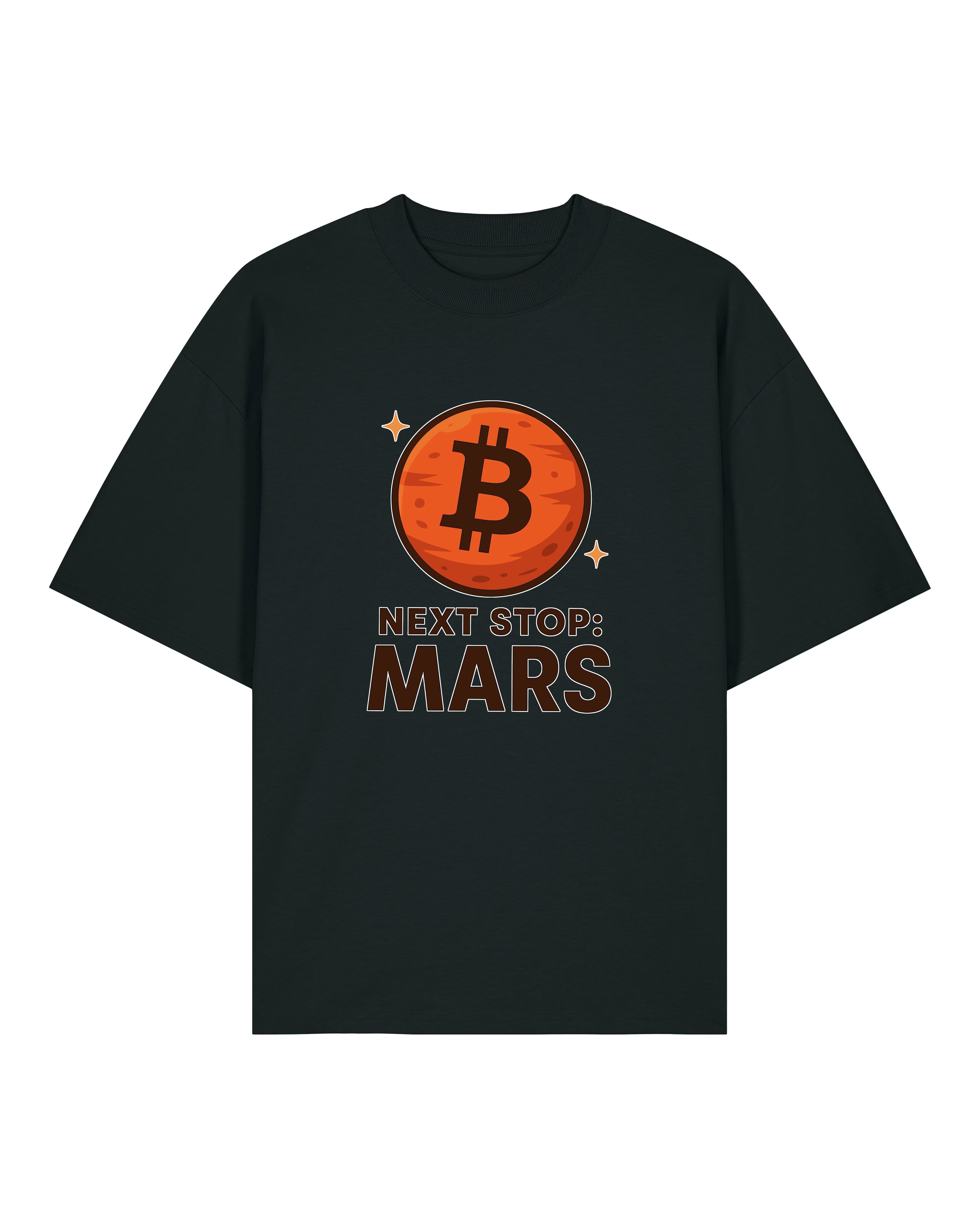 Schwarzes Oversized Bitcoin Shirt mit Mars-Motiv – witziges Spruchshirt von Teeflix für Krypto-Fans