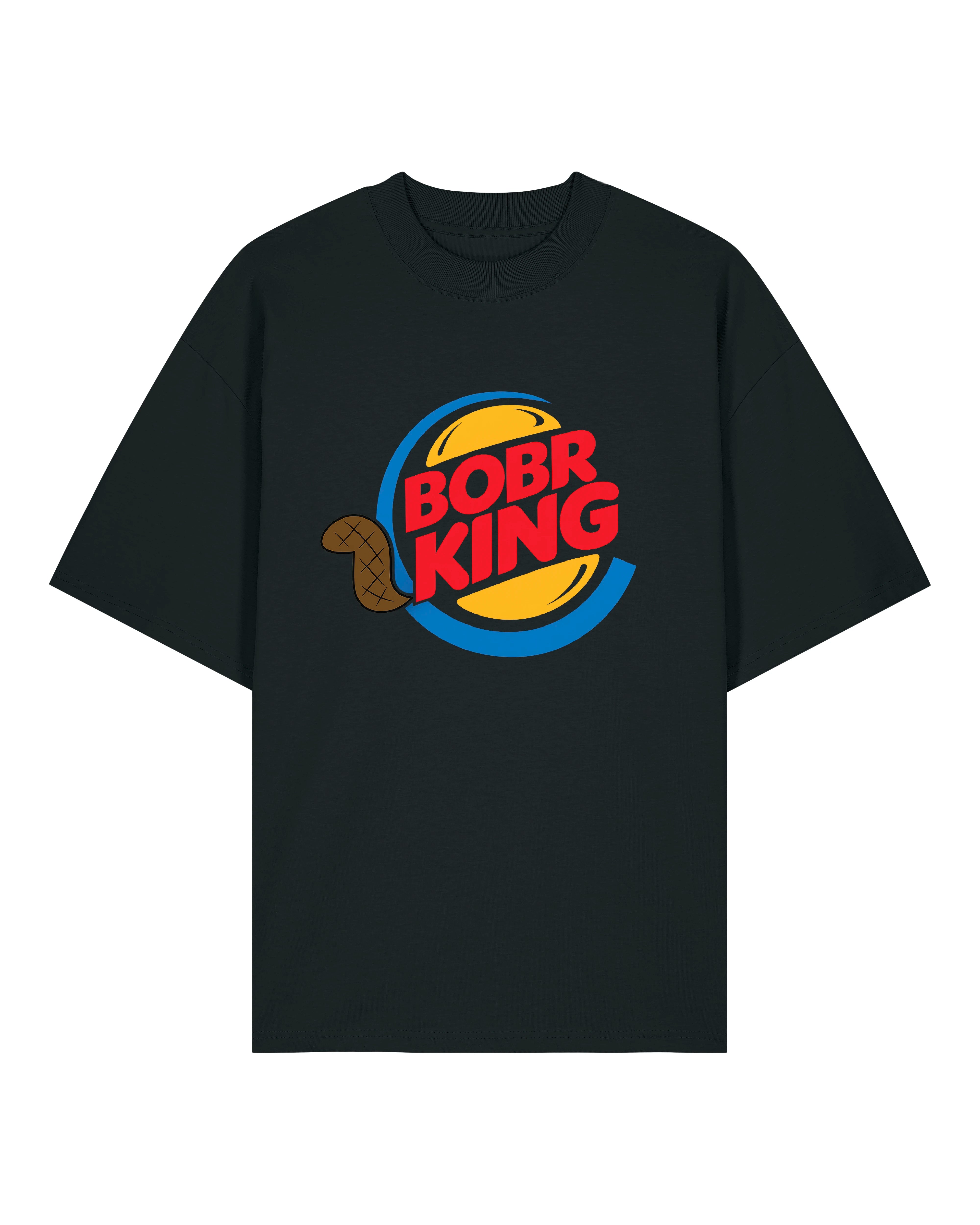 Schwarzes Shirt mit lustigem „BOBR KING“-Design im Burger-Stil