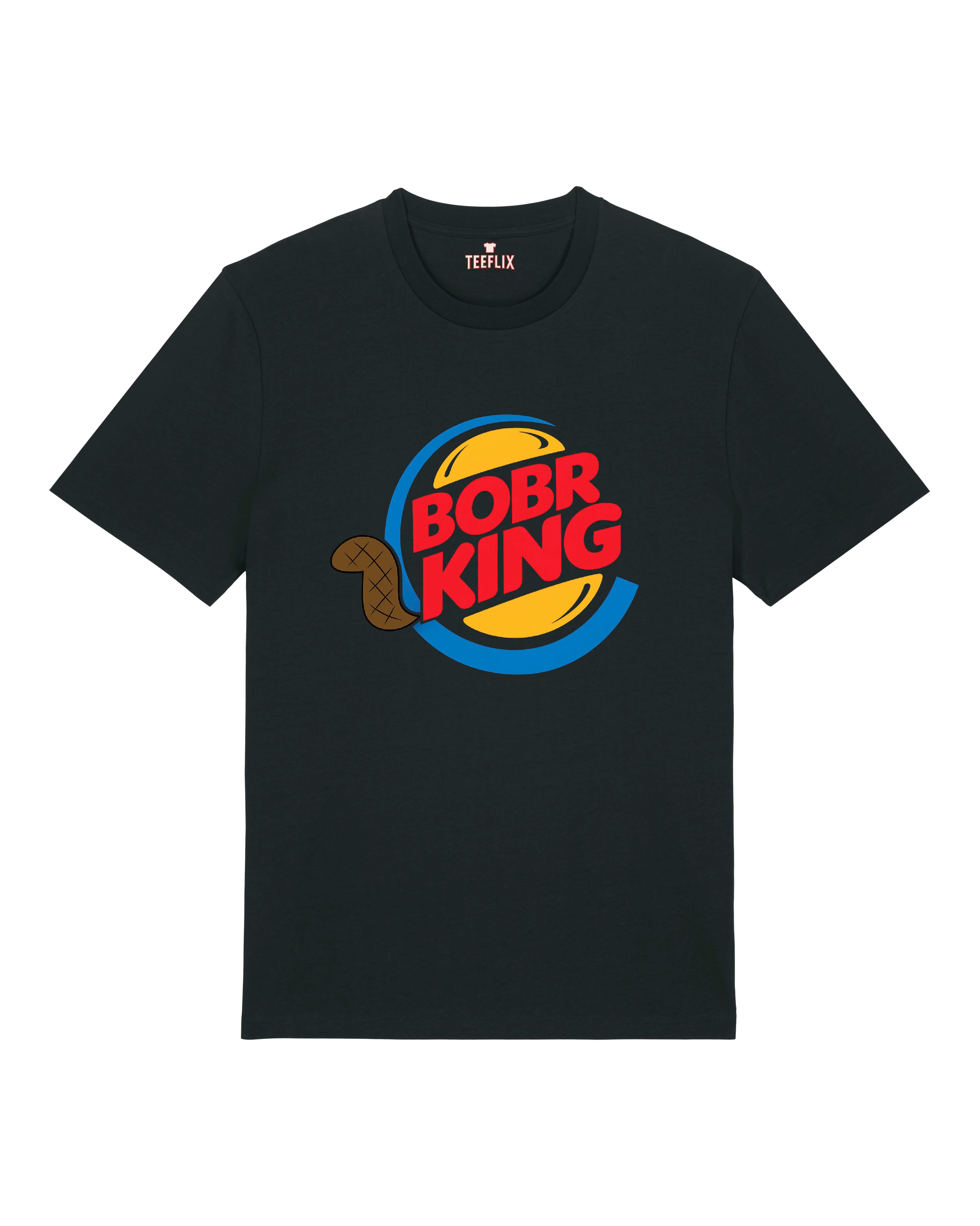 Schwarzes Shirt mit lustigem „BOBR KING“-Design im Burger-Stil