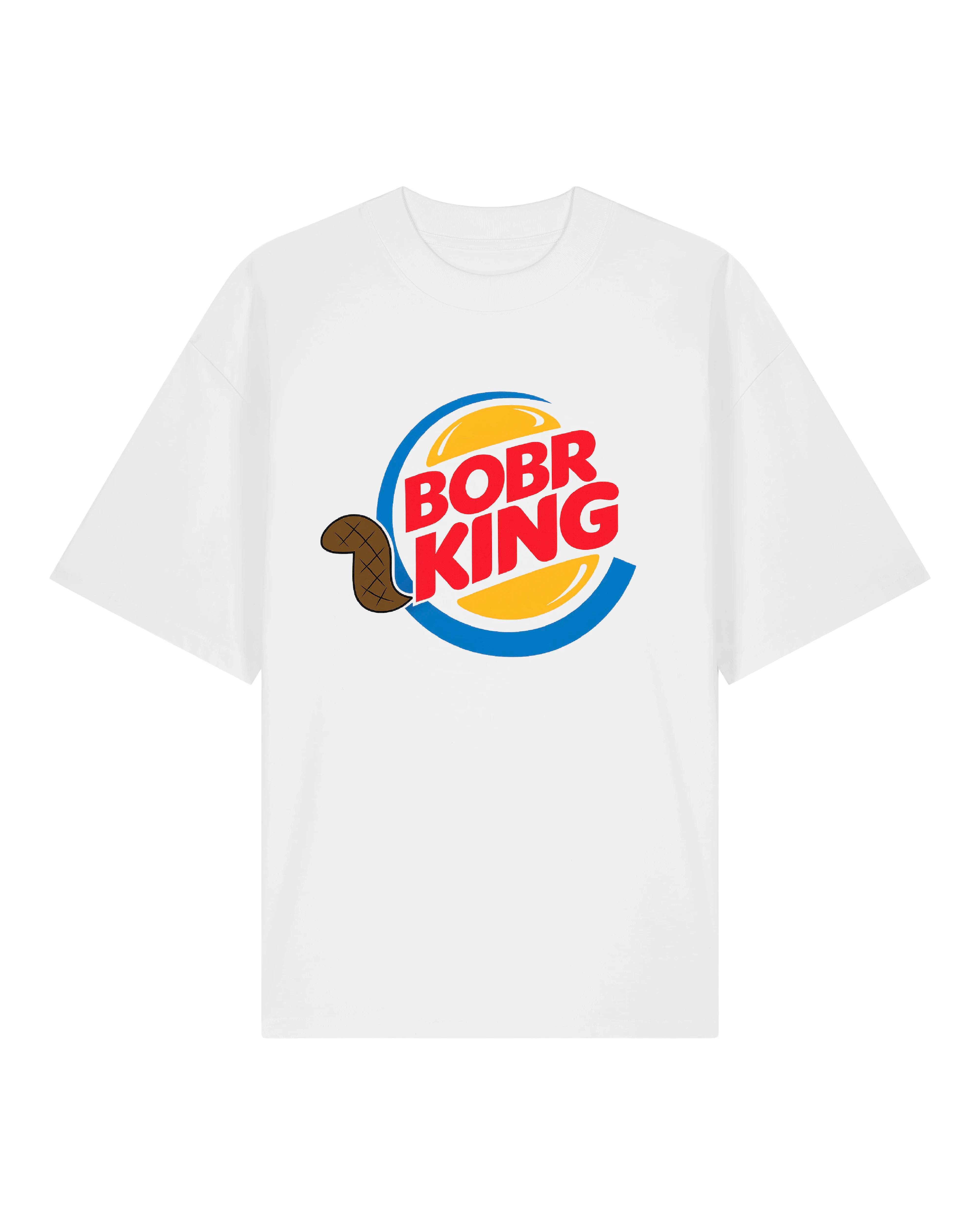 Weißes BOBR KING T-Shirt mit buntem Parodielogo & Biber
