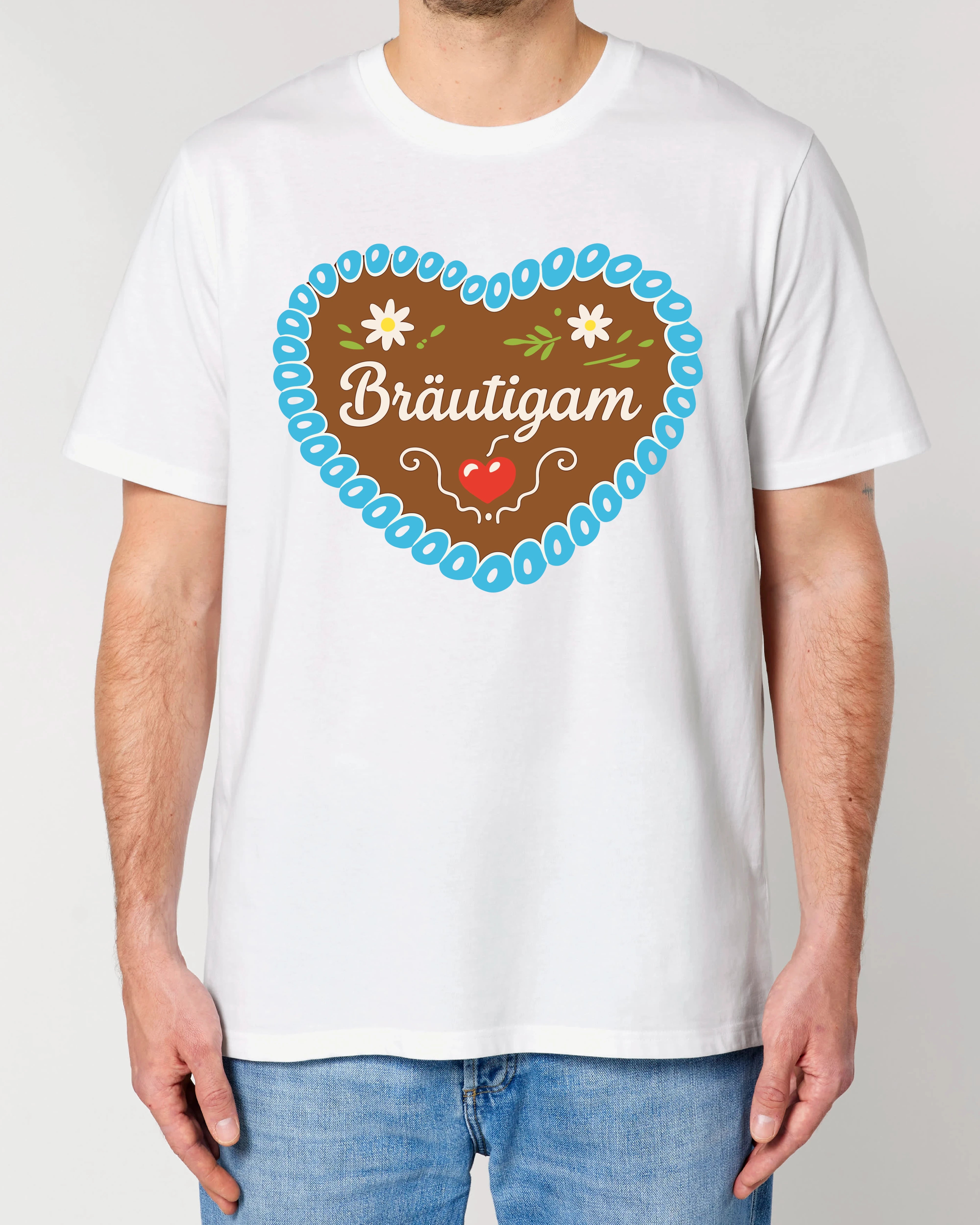 Teeflix Bräutigam JGA Shirt in Weiß mit Lebkuchenherz Motiv, Unisex Normal, 100% Bio-Baumwolle