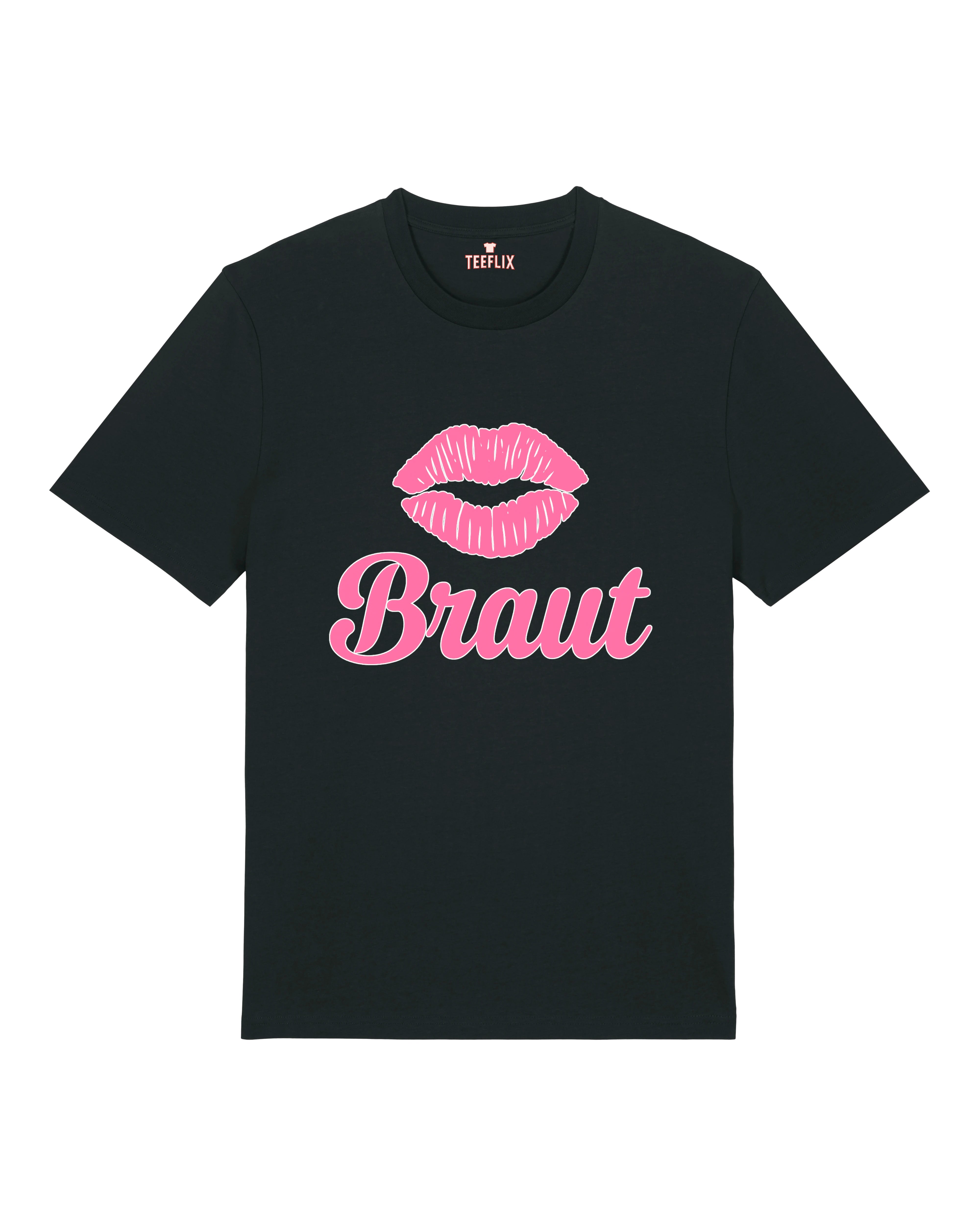 Teeflix Braut JGA T-Shirt in Schwarz mit Kussmund-Print, Unisex Normal, 100% Bio-Baumwolle