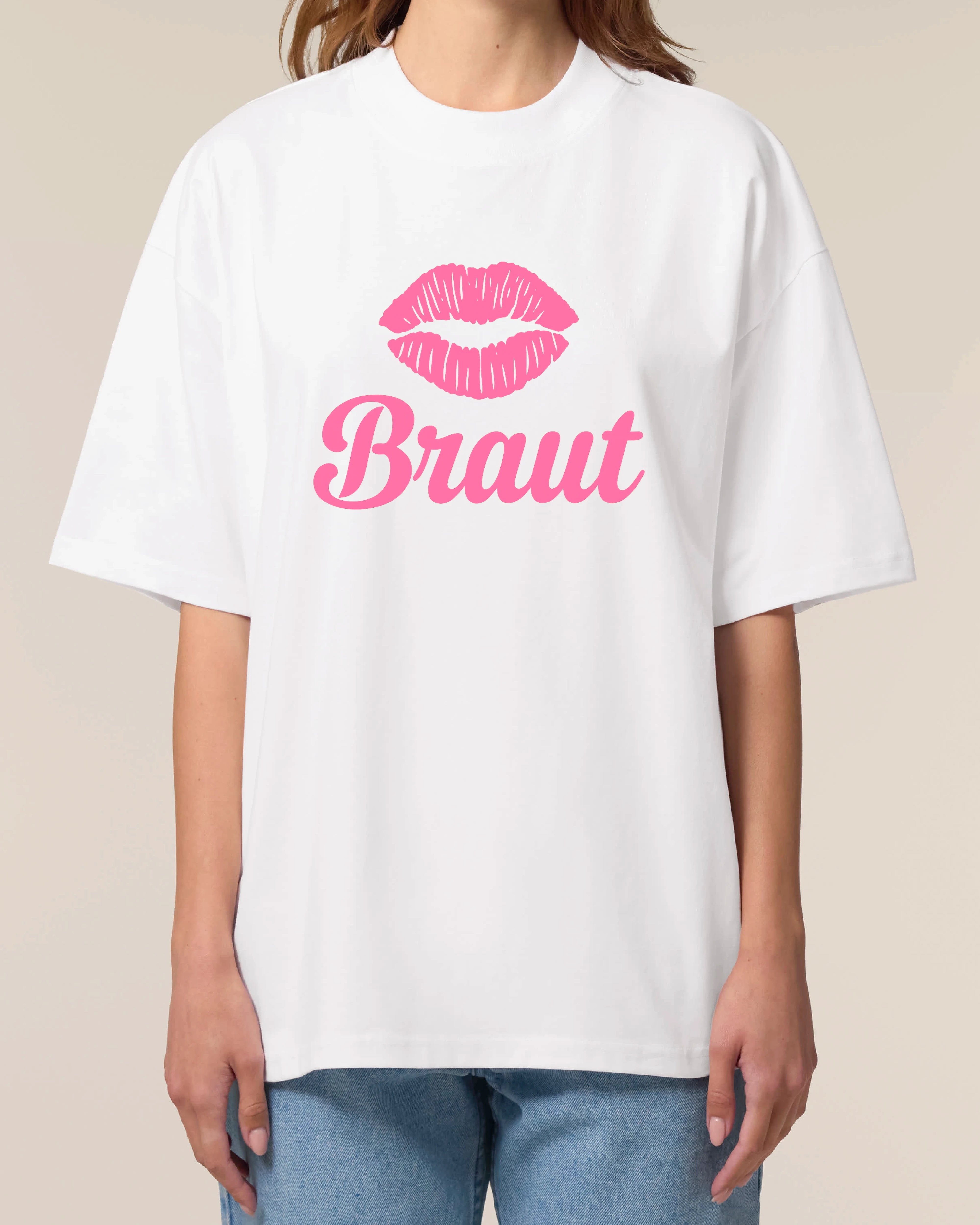Teeflix Braut JGA T-Shirt in Weiß, Oversized Schnitt, Kussmund-Design, 100% Bio-Baumwolle
