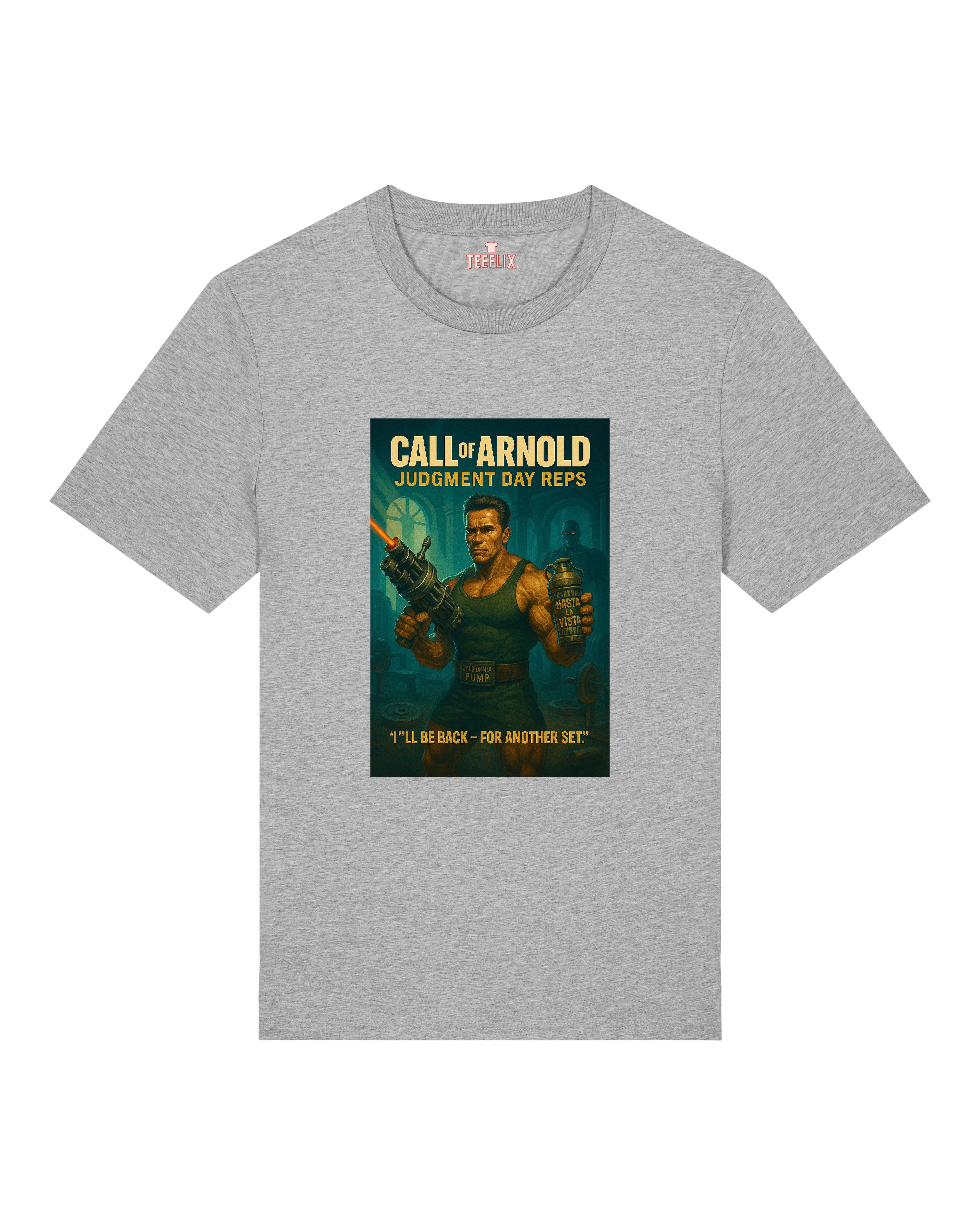 Graues Call of Arnold T-Shirt im Retro-Fitness-Design – ideal für Gym-Enthusiasten mit Sinn für Humor.
