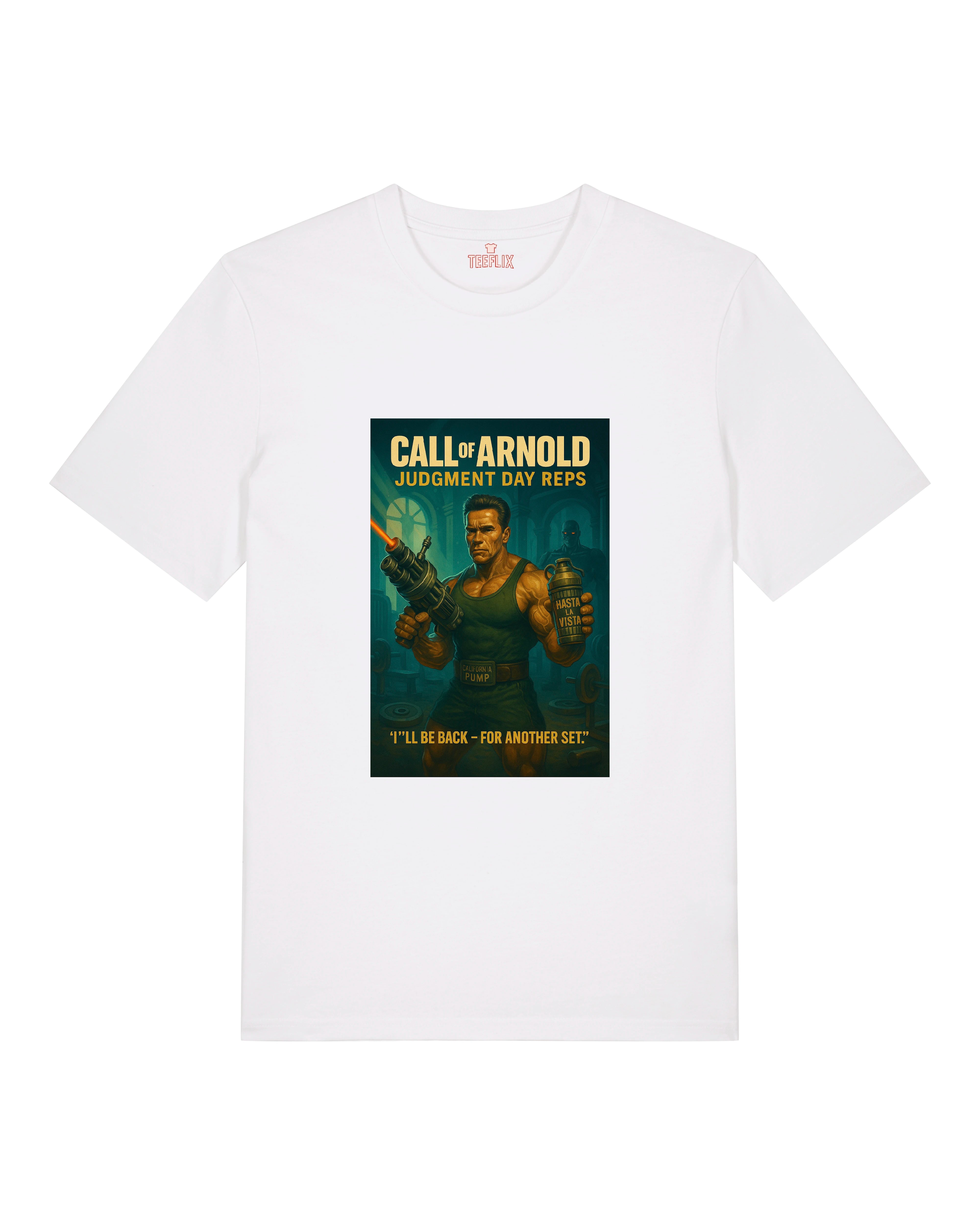 Weißes Call of Arnold T-Shirt mit Filmplakat-Grafik im Gym-Stil – Arnold mit Maschinen und Trainingsmotivation.