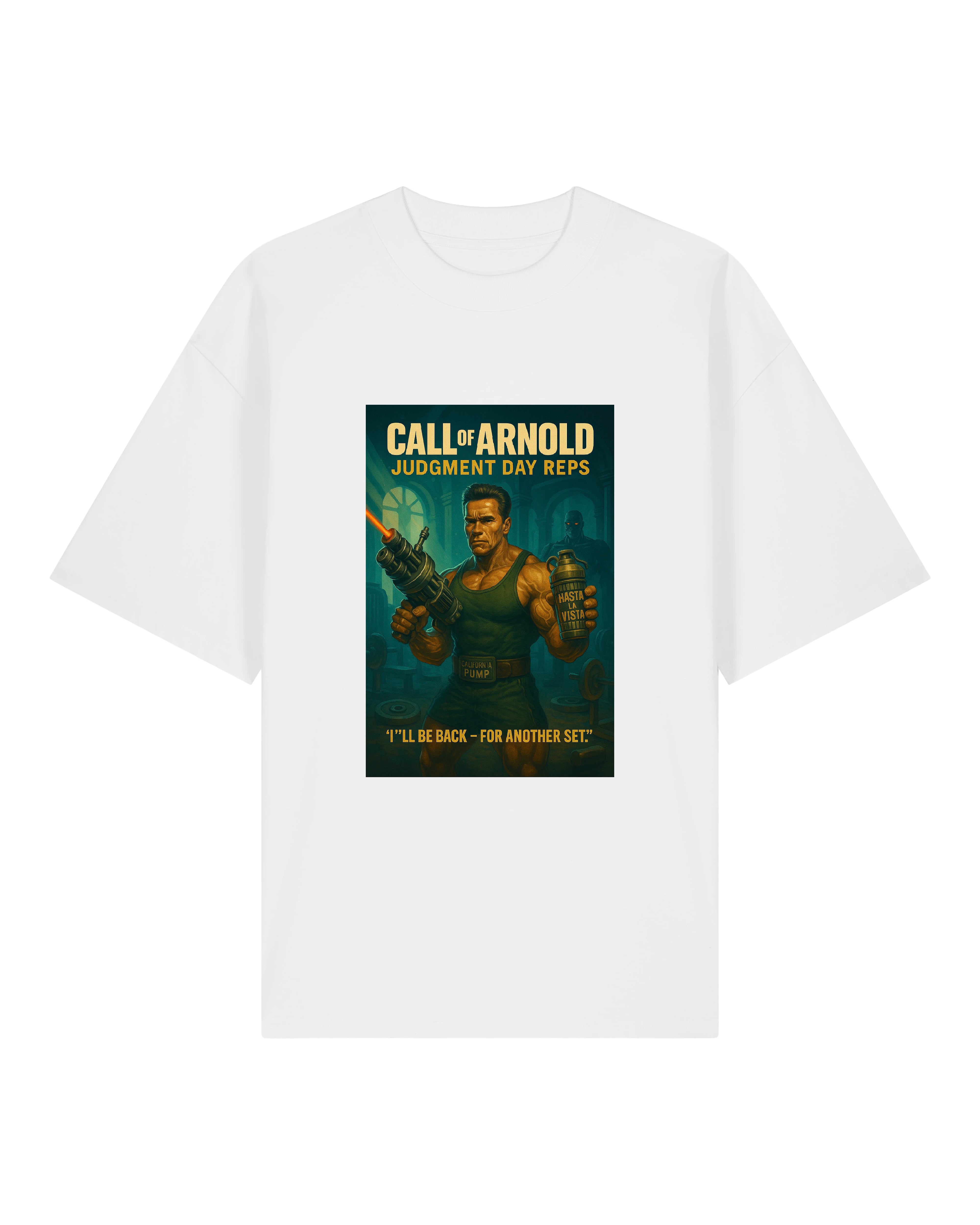 Weißes Call of Arnold T-Shirt mit Filmplakat-Grafik im Gym-Stil – Arnold mit Maschinen und Trainingsmotivation.