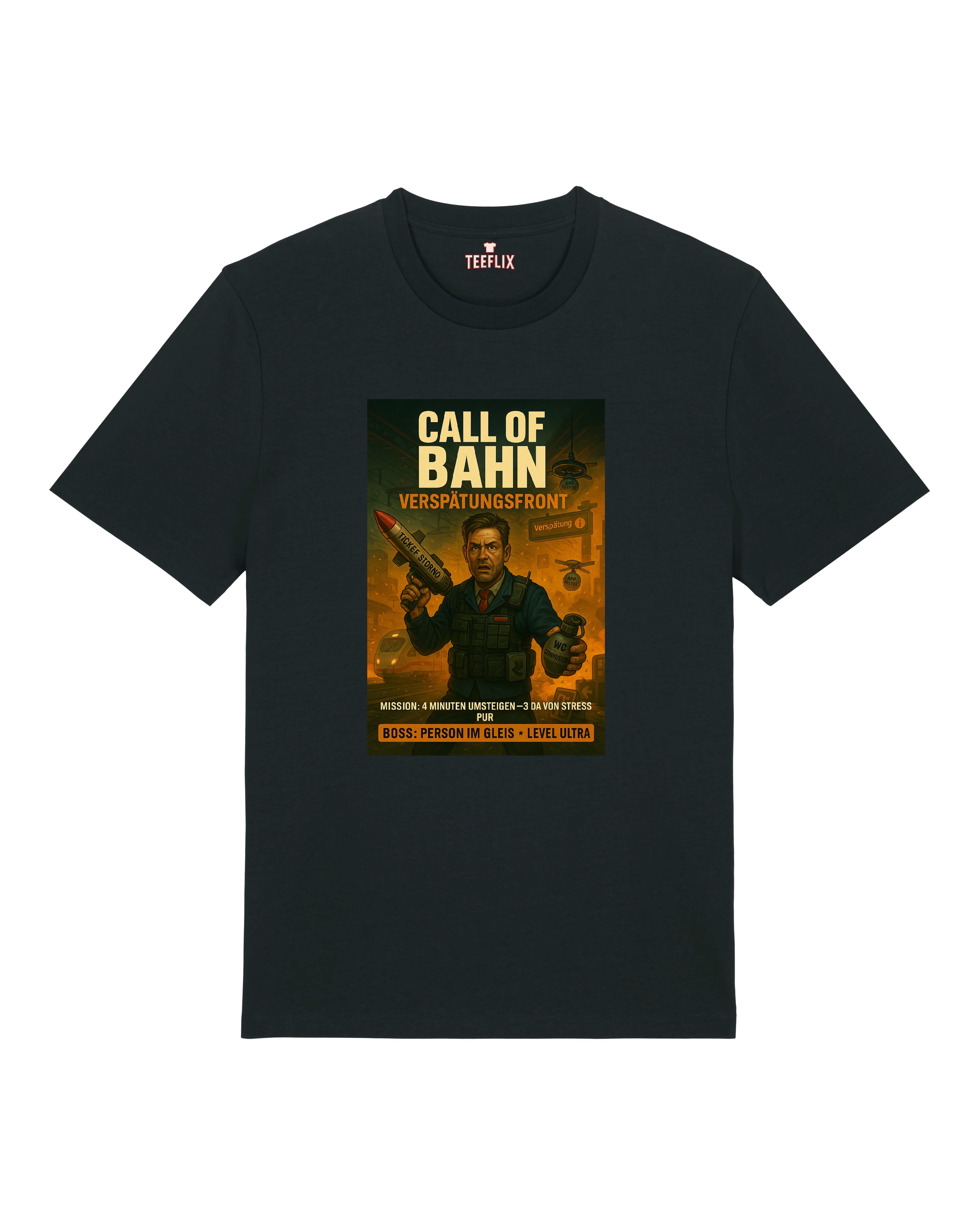 Schwarzes T-Shirt mit „Call of Bahn – Verspätungsfront“-Druck