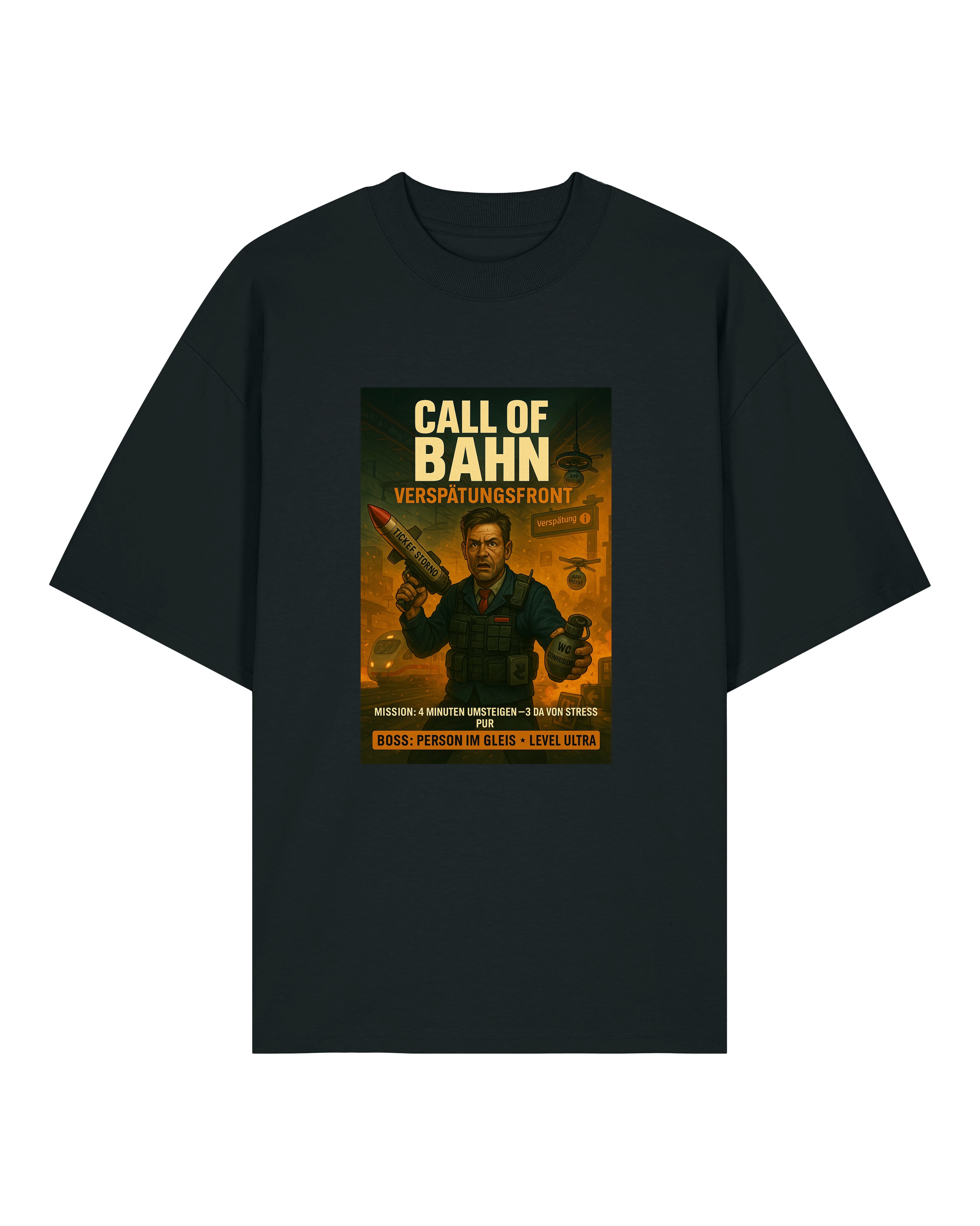 Schwarzes T-Shirt mit „Call of Bahn – Verspätungsfront“-Druck