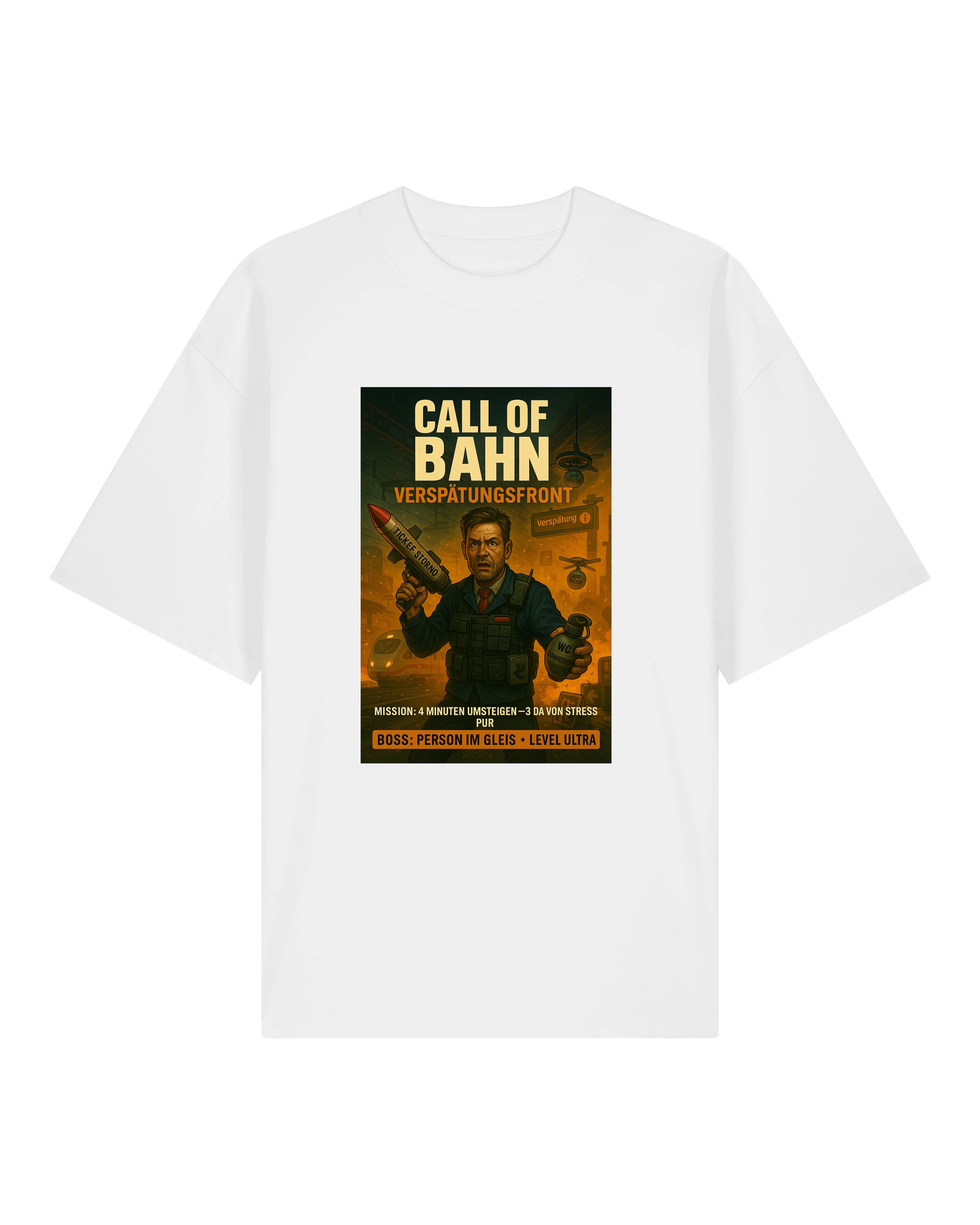 Weißes T-Shirt mit „Call of Bahn – Verspätungsfront“-Design