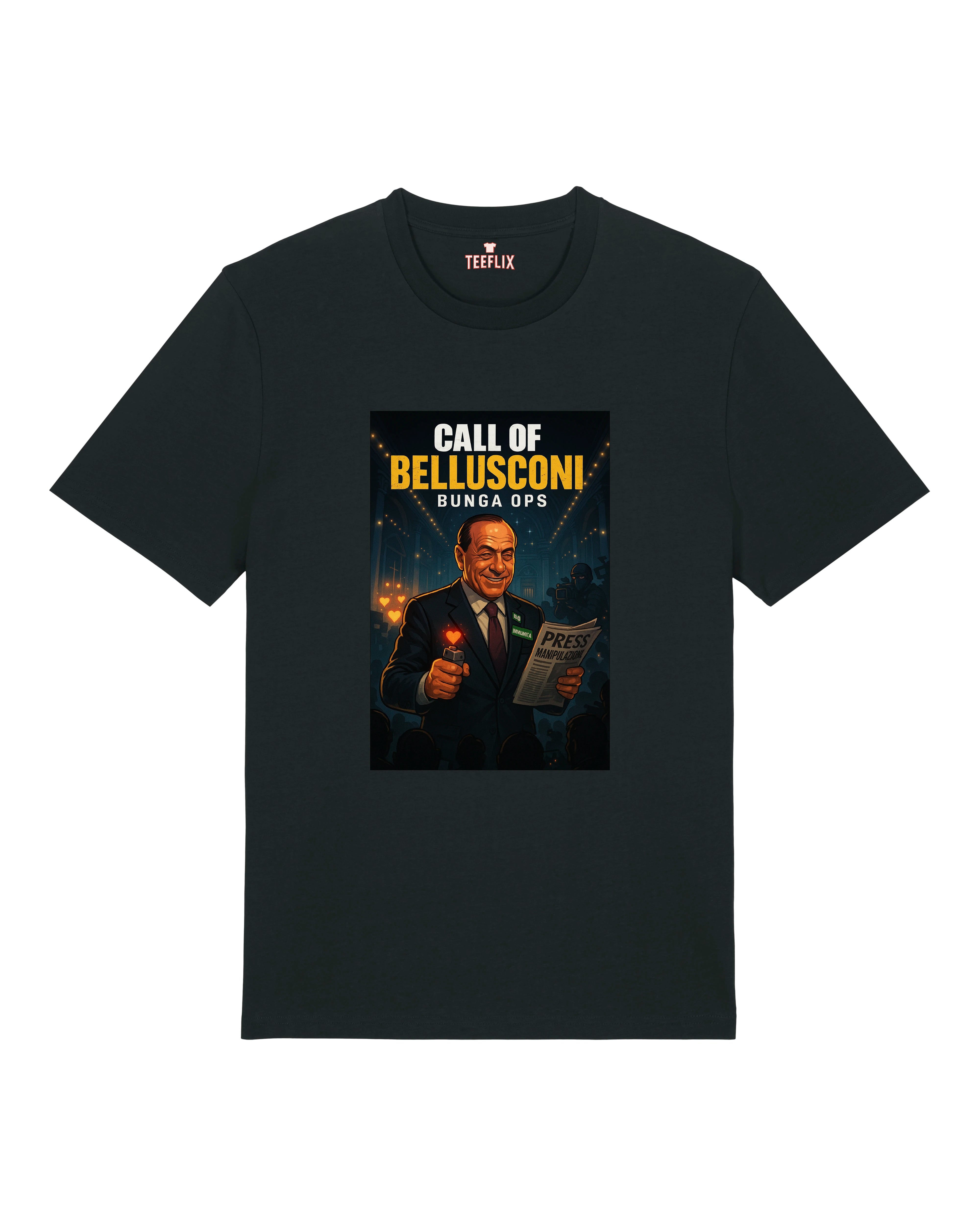 Call of Bellusconi T-Shirt in Schwarz – satirisches Motiv mit Zeitung und Feuerzeug