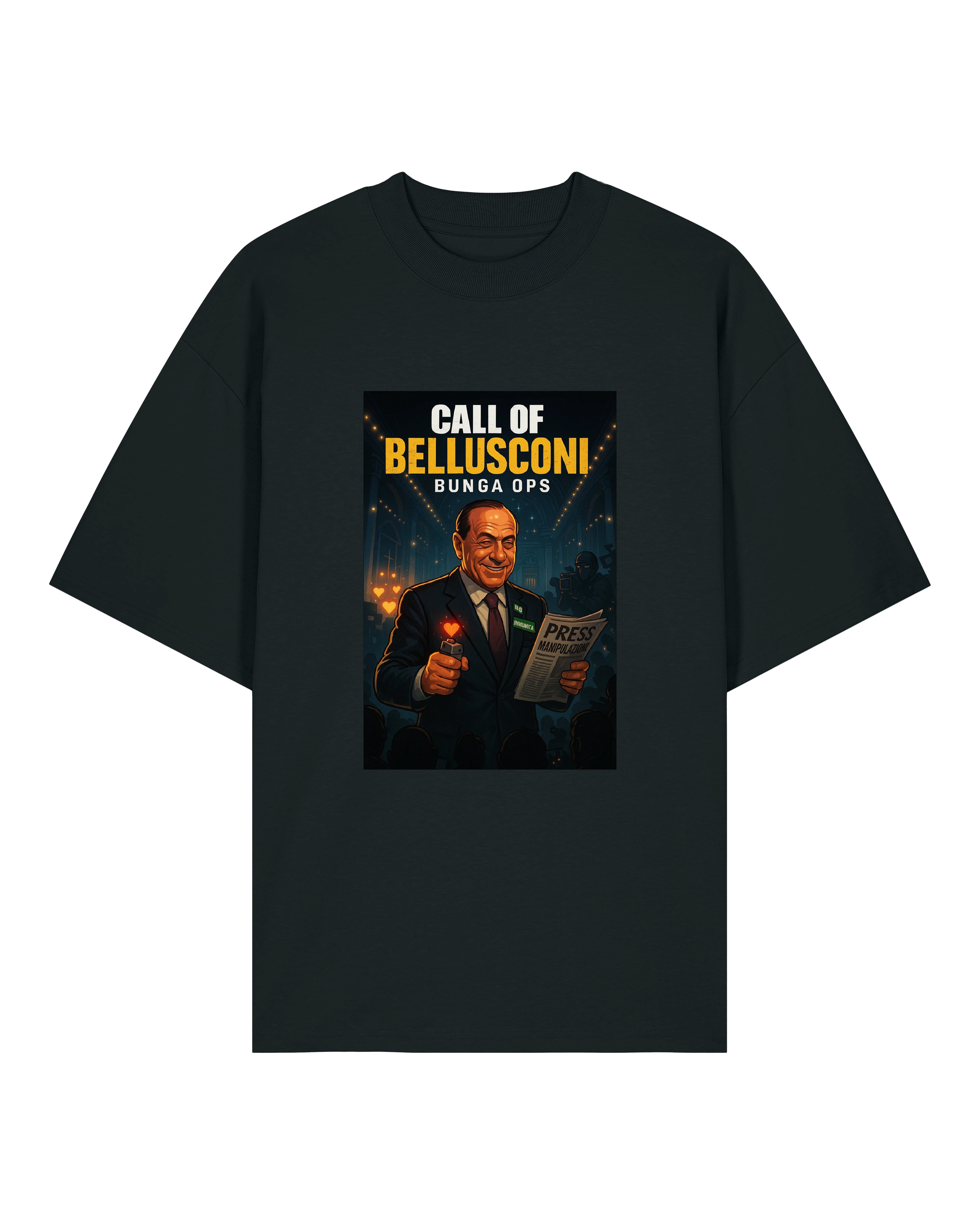 Call of Bellusconi T-Shirt in Schwarz – satirisches Motiv mit Zeitung und Feuerzeug