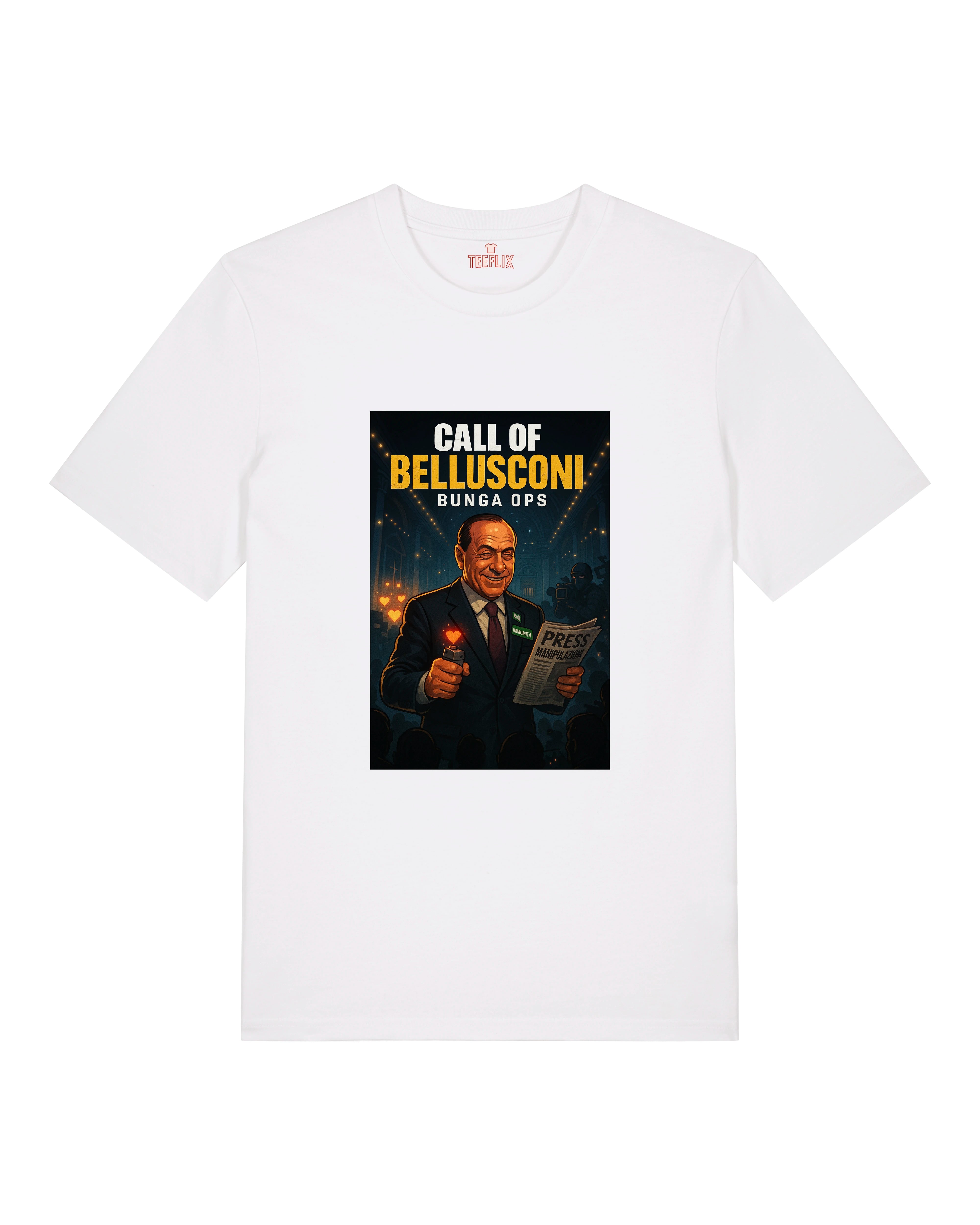 Call of Bellusconi T-Shirt in Weiß – politische Karikatur mit Medienkritik
