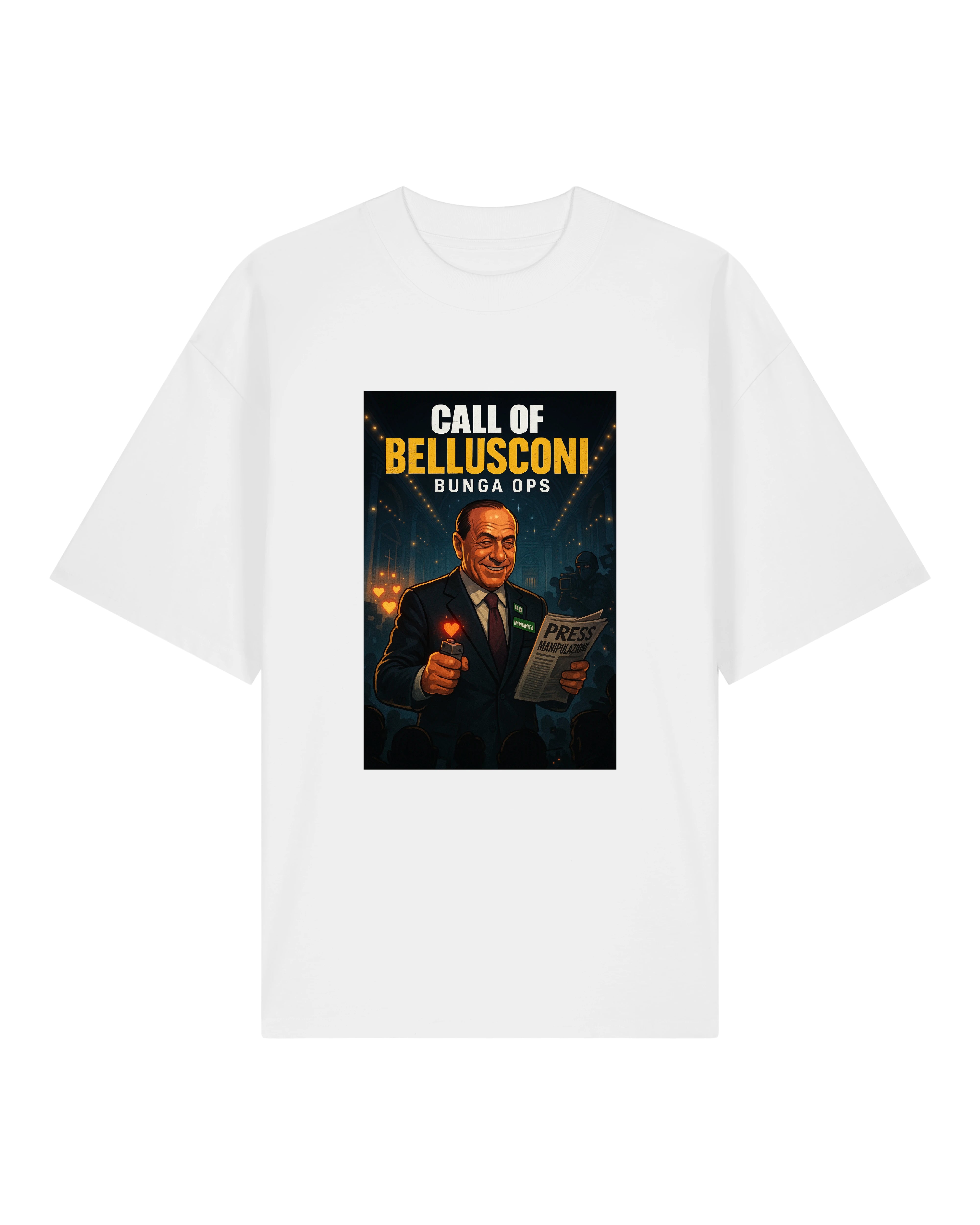 Call of Bellusconi T-Shirt in Weiß – politische Karikatur mit Medienkritik
