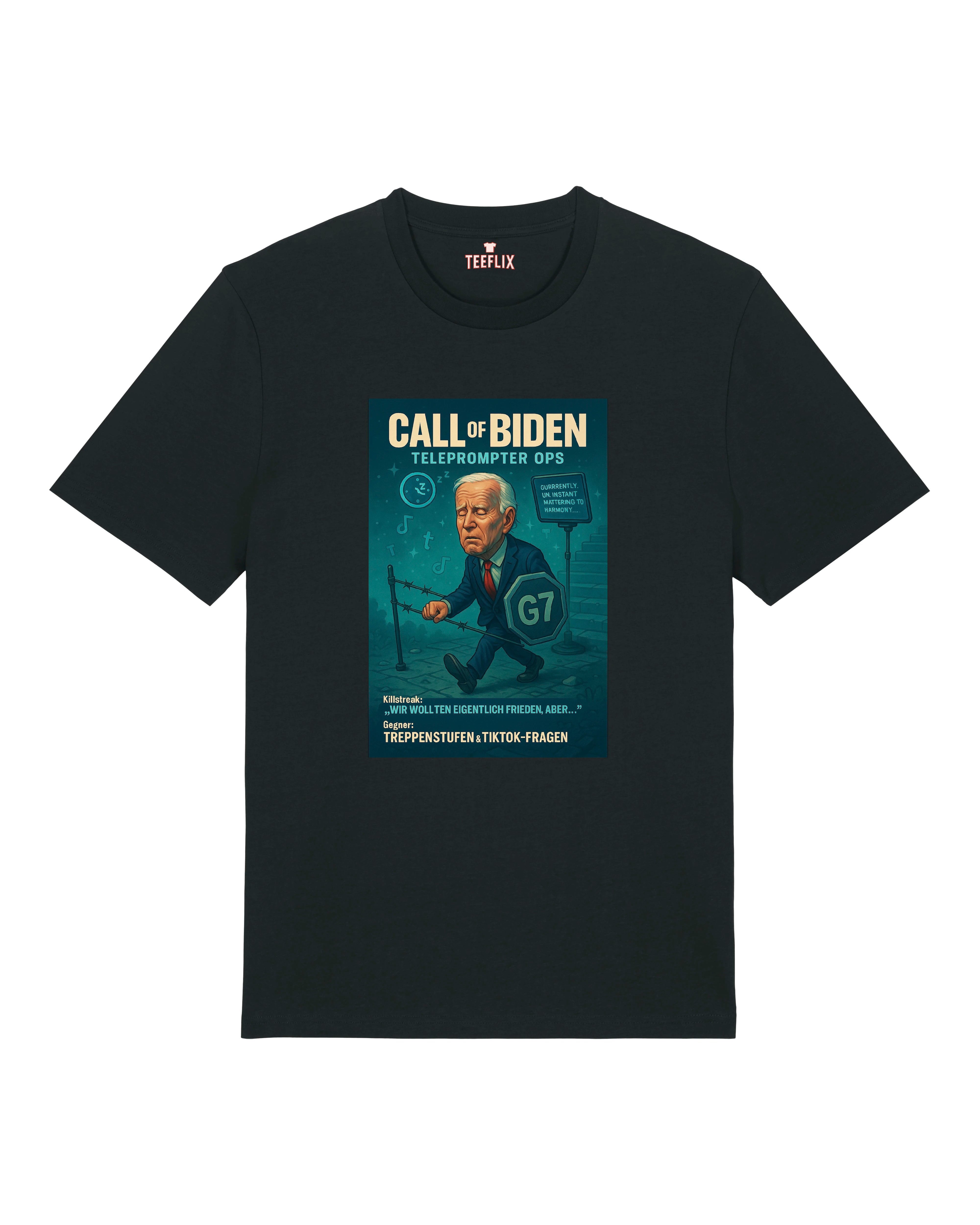 Schwarzes T-Shirt mit "Call of Biden – Teleprompter Ops" Print, satirische G7-Meme-Grafik.