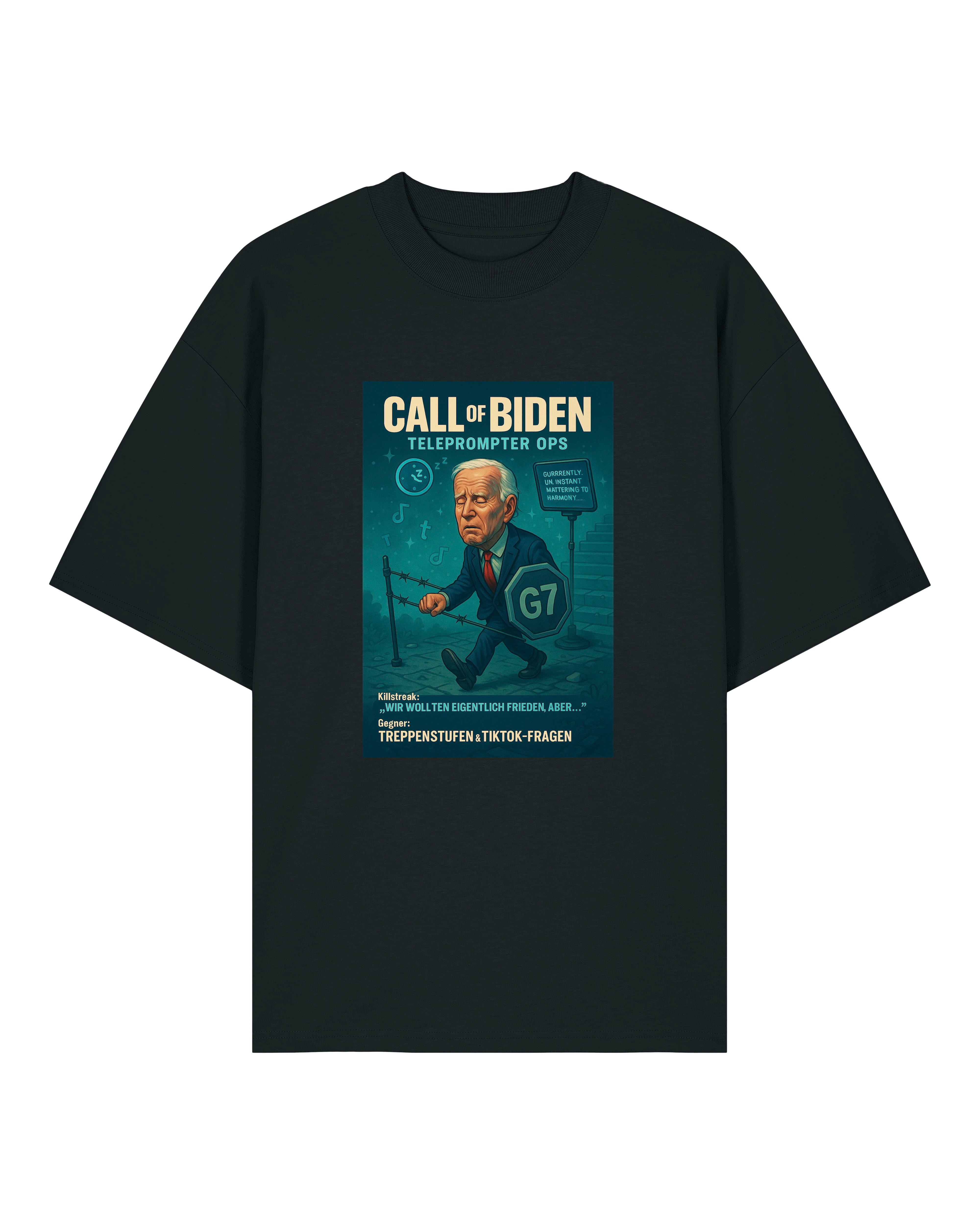 Schwarzes T-Shirt mit "Call of Biden – Teleprompter Ops" Print, satirische G7-Meme-Grafik.
