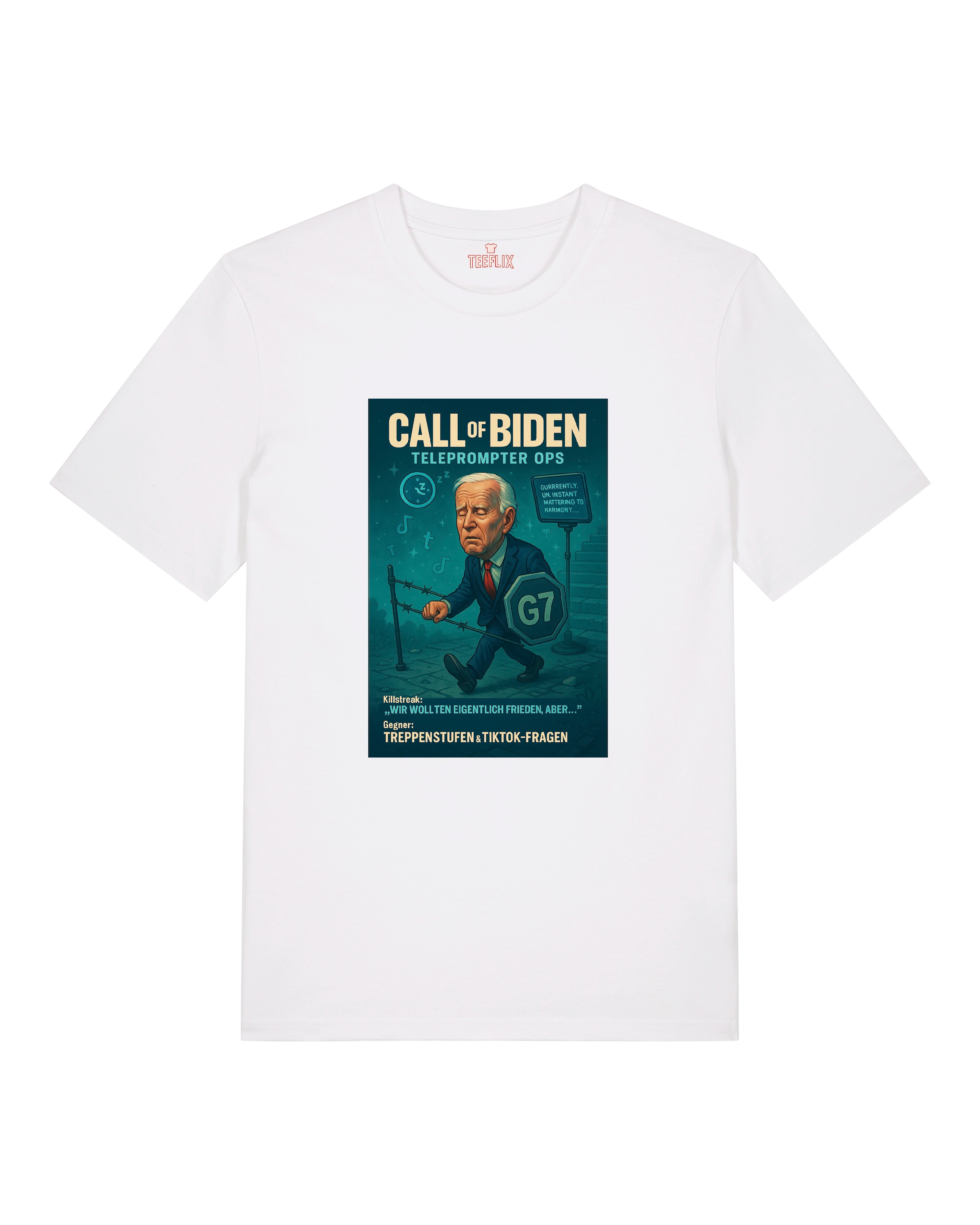 Weißes T-Shirt mit humorvollem Call of Biden Design, G7-Satire-Motiv.