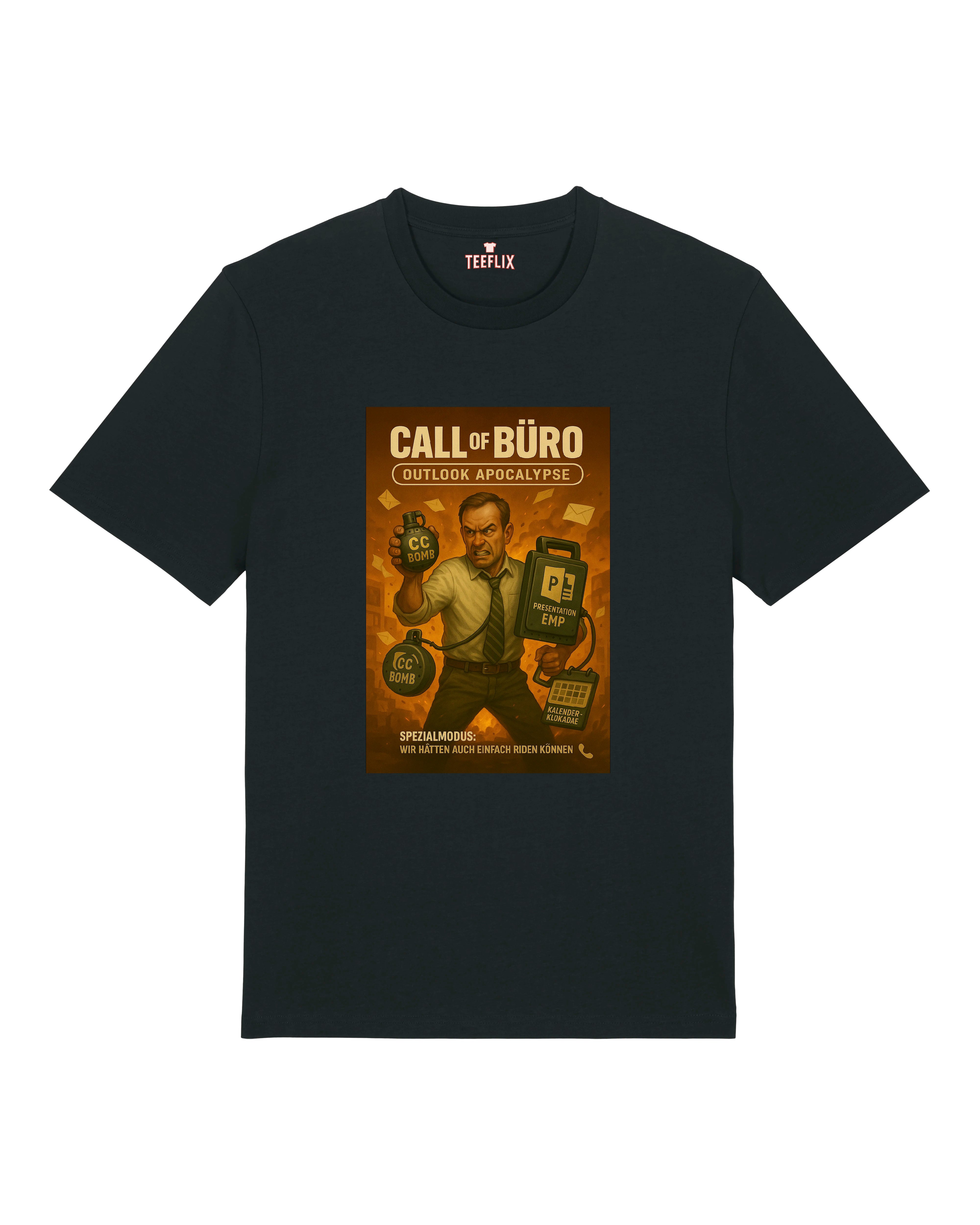 Schwarzes T-Shirt mit „Call of Büro – Outlook Apocalypse“-Print: Büroangestellter mit PowerPoint-Koffer, CC-Bombe und aggressivem Blick.