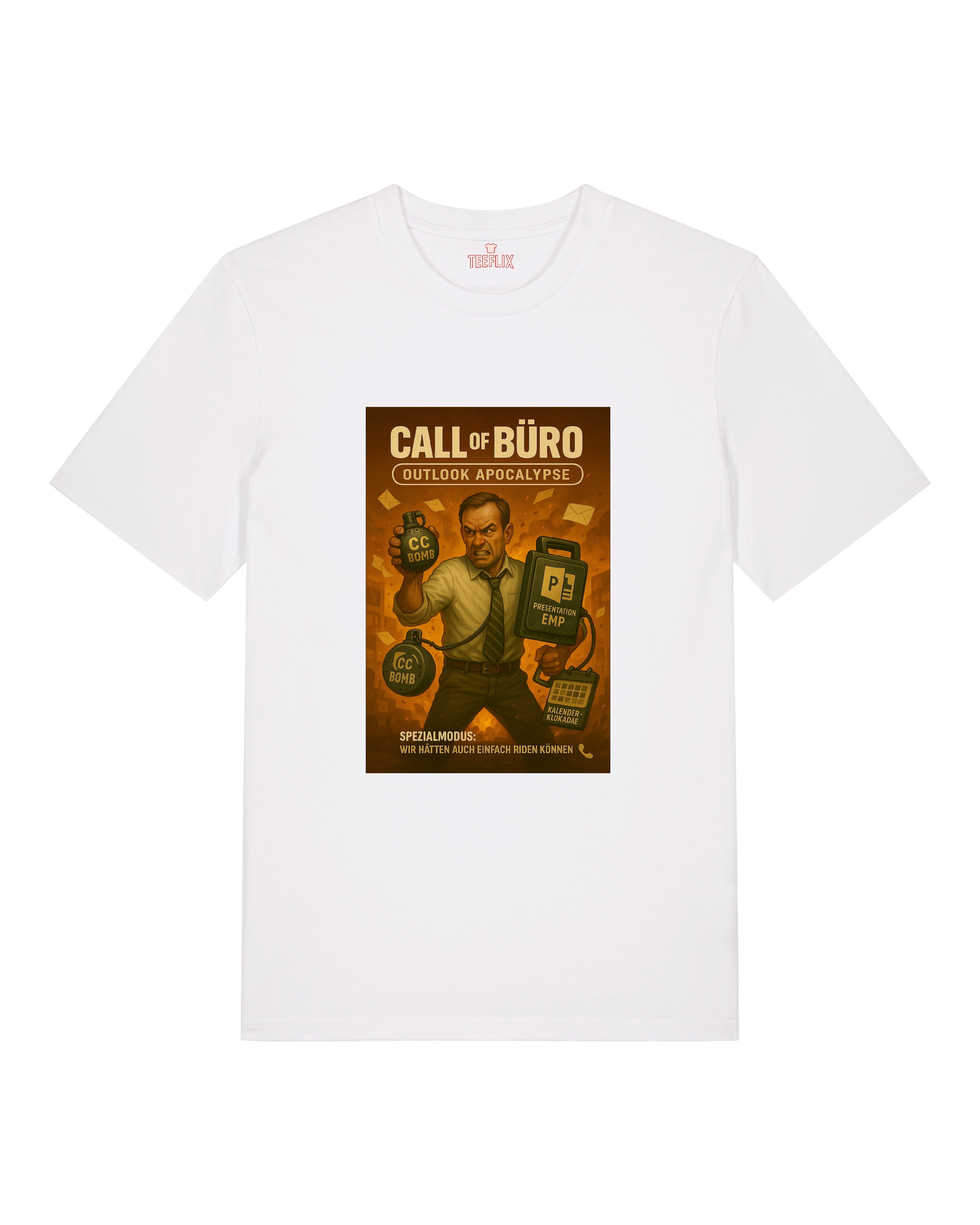 Weißes Shirt mit Office-Gaming-Motiv: E-Mails, Outlook, Meetings – stilisiert im Actionspiel-Stil.

