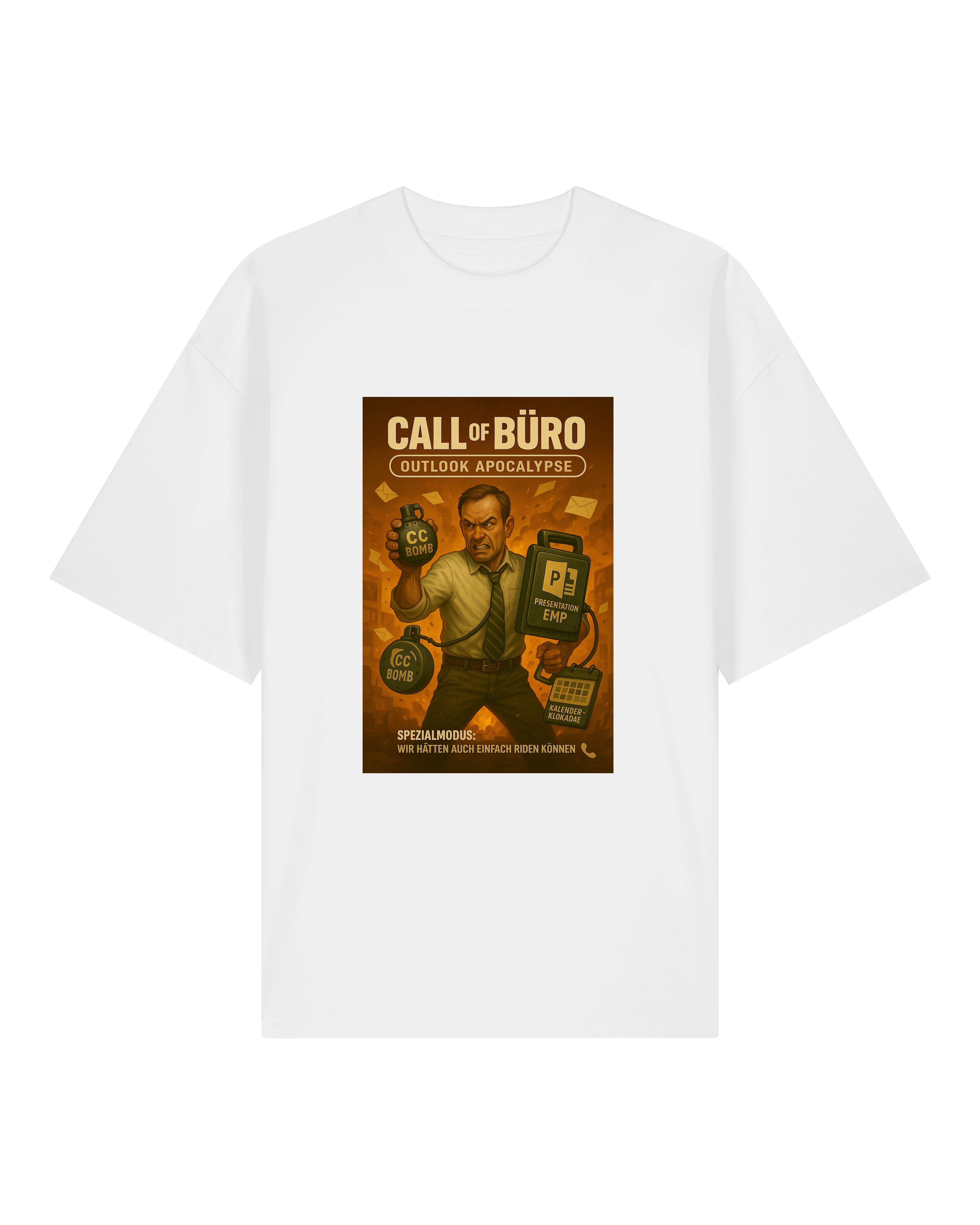Weißes Shirt mit Office-Gaming-Motiv: E-Mails, Outlook, Meetings – stilisiert im Actionspiel-Stil.

