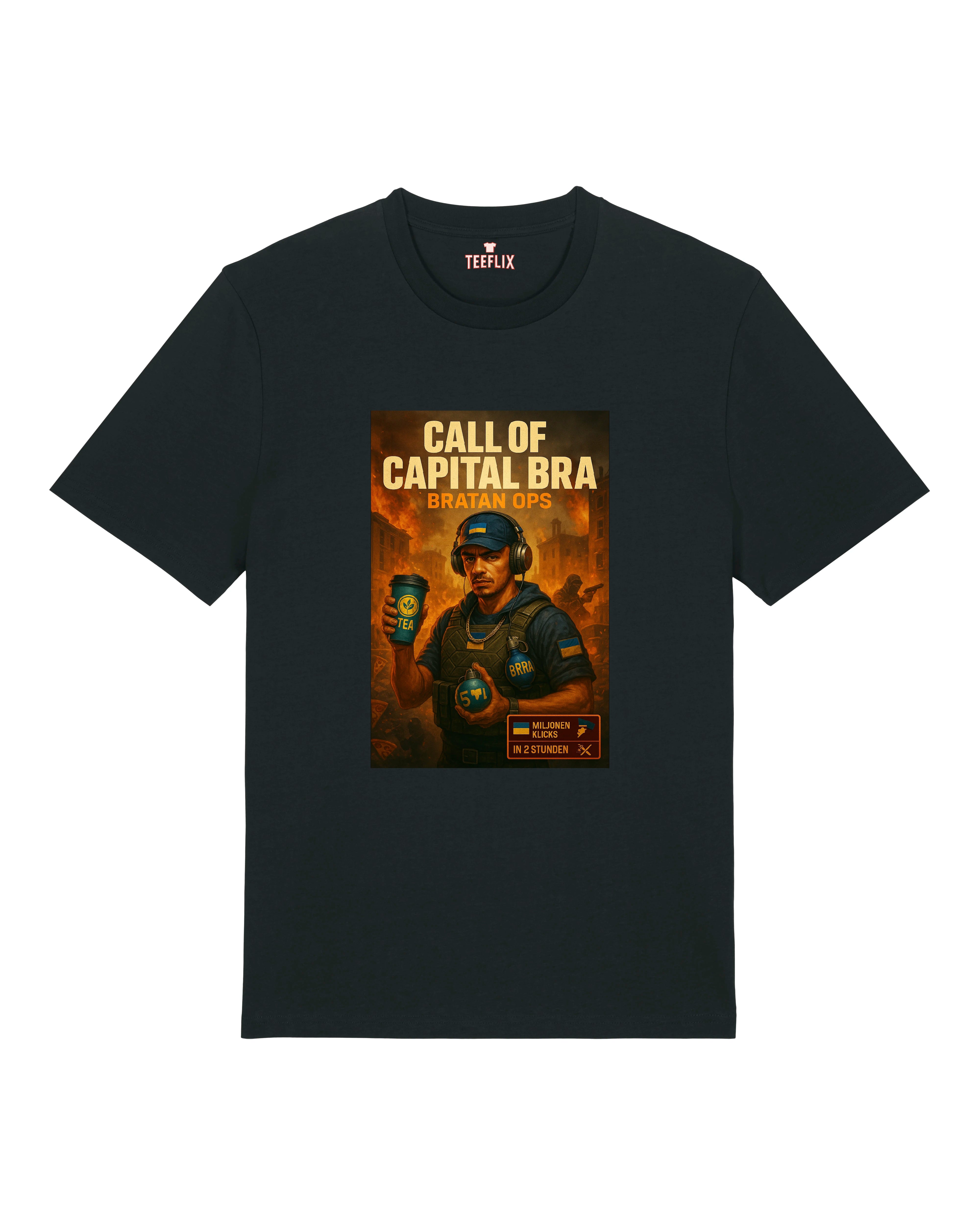 Oversized T-Shirt in [Farbe] mit „Call of Capital Bra – Bratan Ops“ Comic-Print im Gaming-Satire-Stil. Lustiges Motiv mit Rapper im Einsatz-Look.