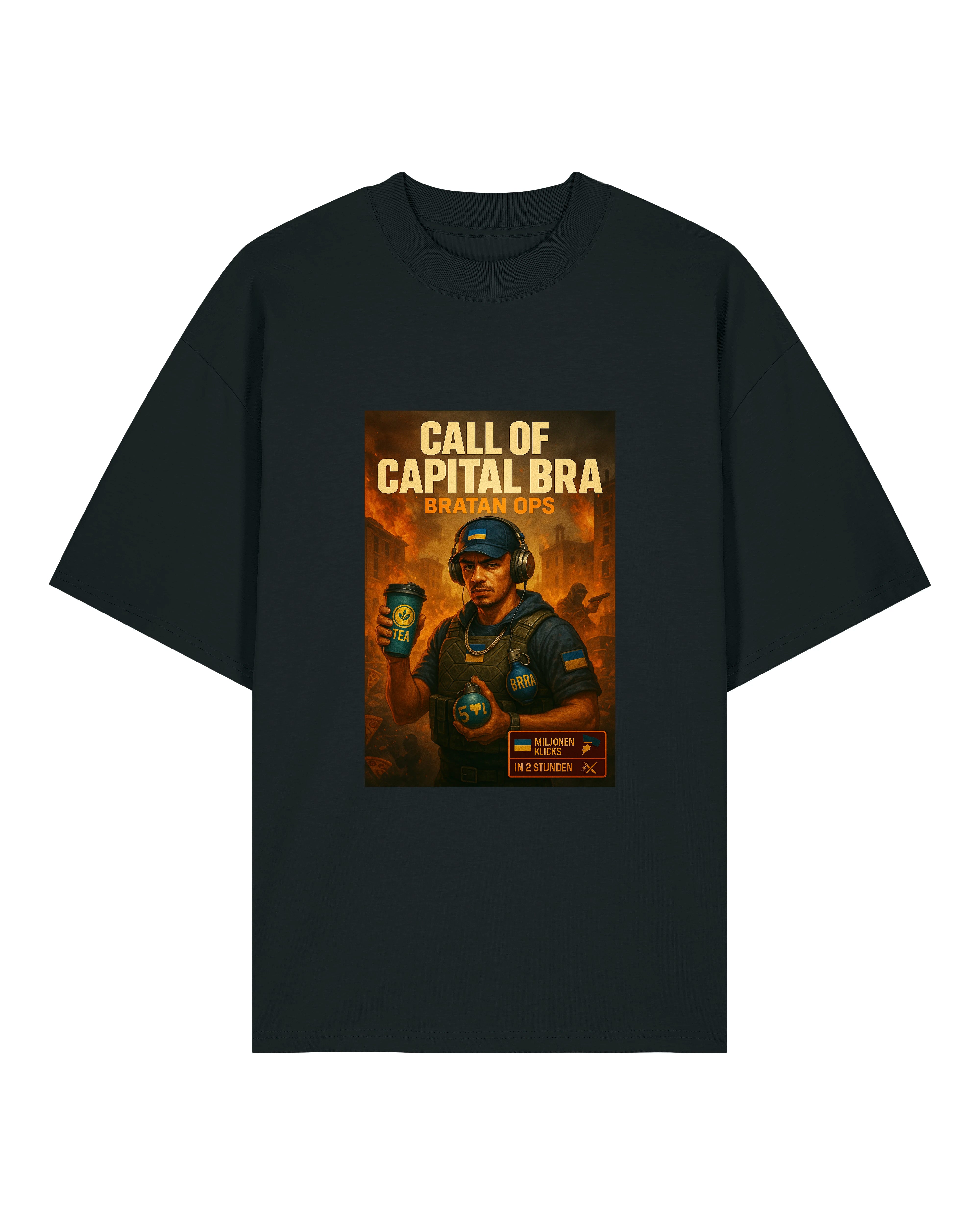 Oversized T-Shirt in [Farbe] mit „Call of Capital Bra – Bratan Ops“ Comic-Print im Gaming-Satire-Stil. Lustiges Motiv mit Rapper im Einsatz-Look.