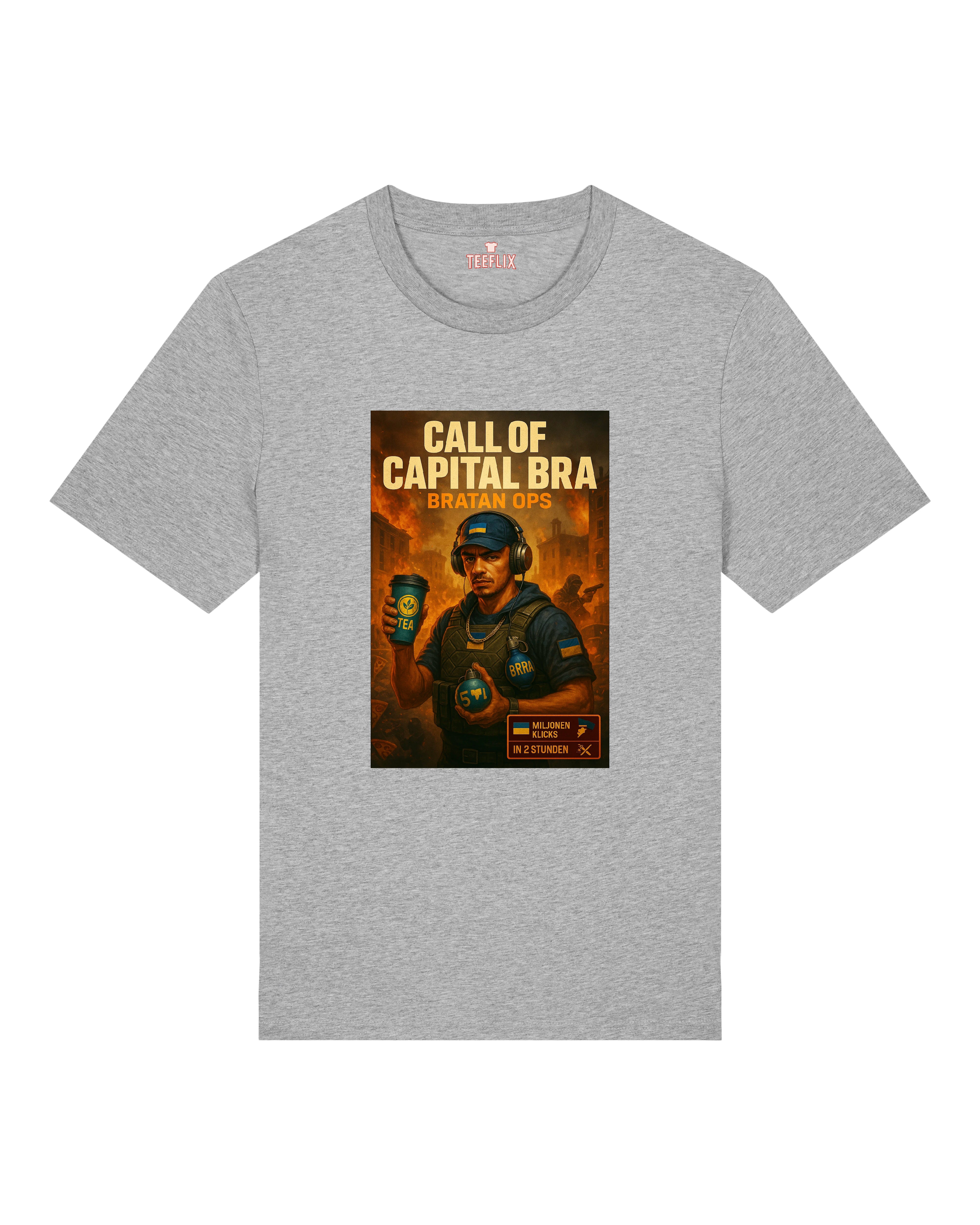 Oversized T-Shirt in [Farbe] mit „Call of Capital Bra – Bratan Ops“ Comic-Print im Gaming-Satire-Stil. Lustiges Motiv mit Rapper im Einsatz-Look.