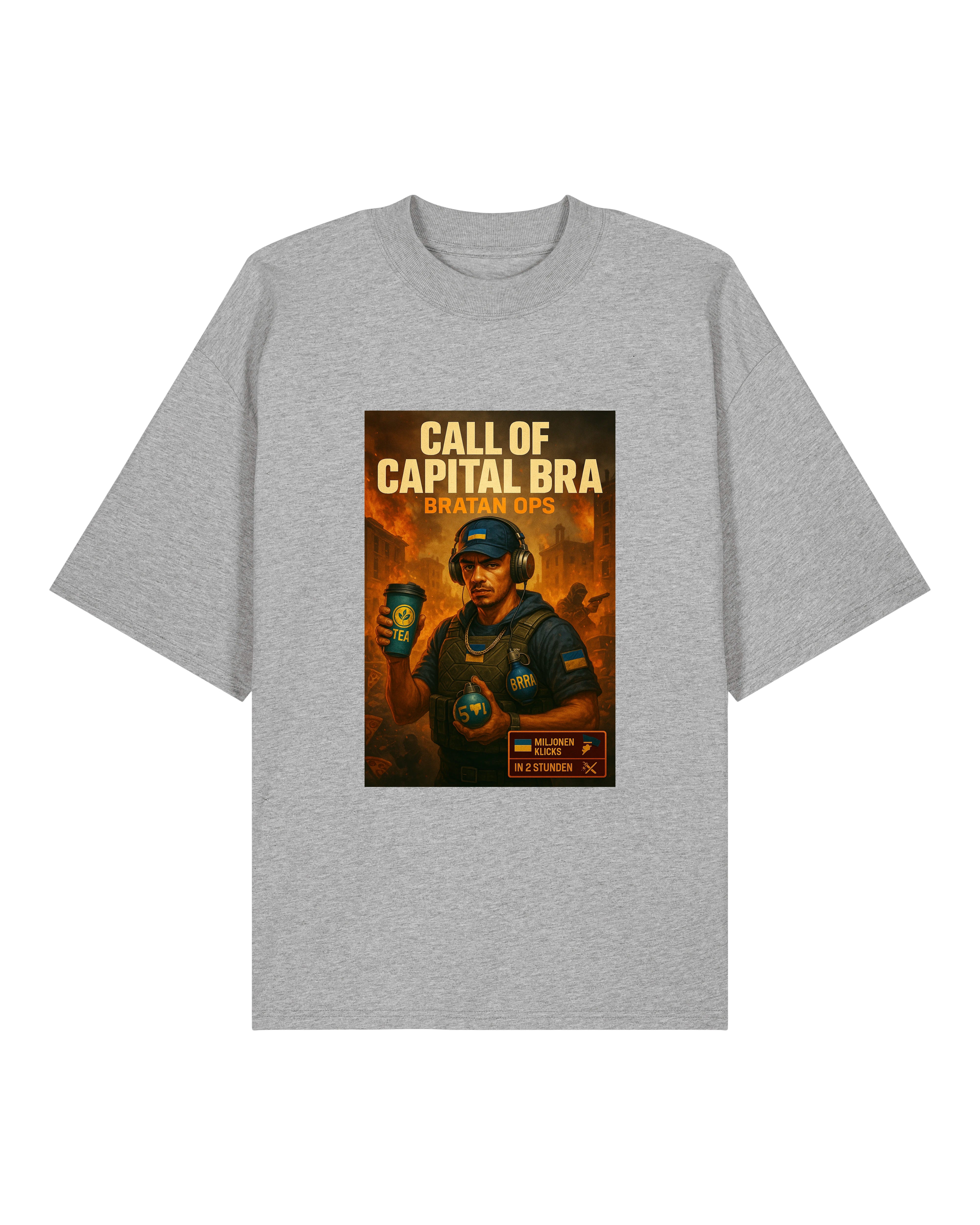 Oversized T-Shirt in [Farbe] mit „Call of Capital Bra – Bratan Ops“ Comic-Print im Gaming-Satire-Stil. Lustiges Motiv mit Rapper im Einsatz-Look.
