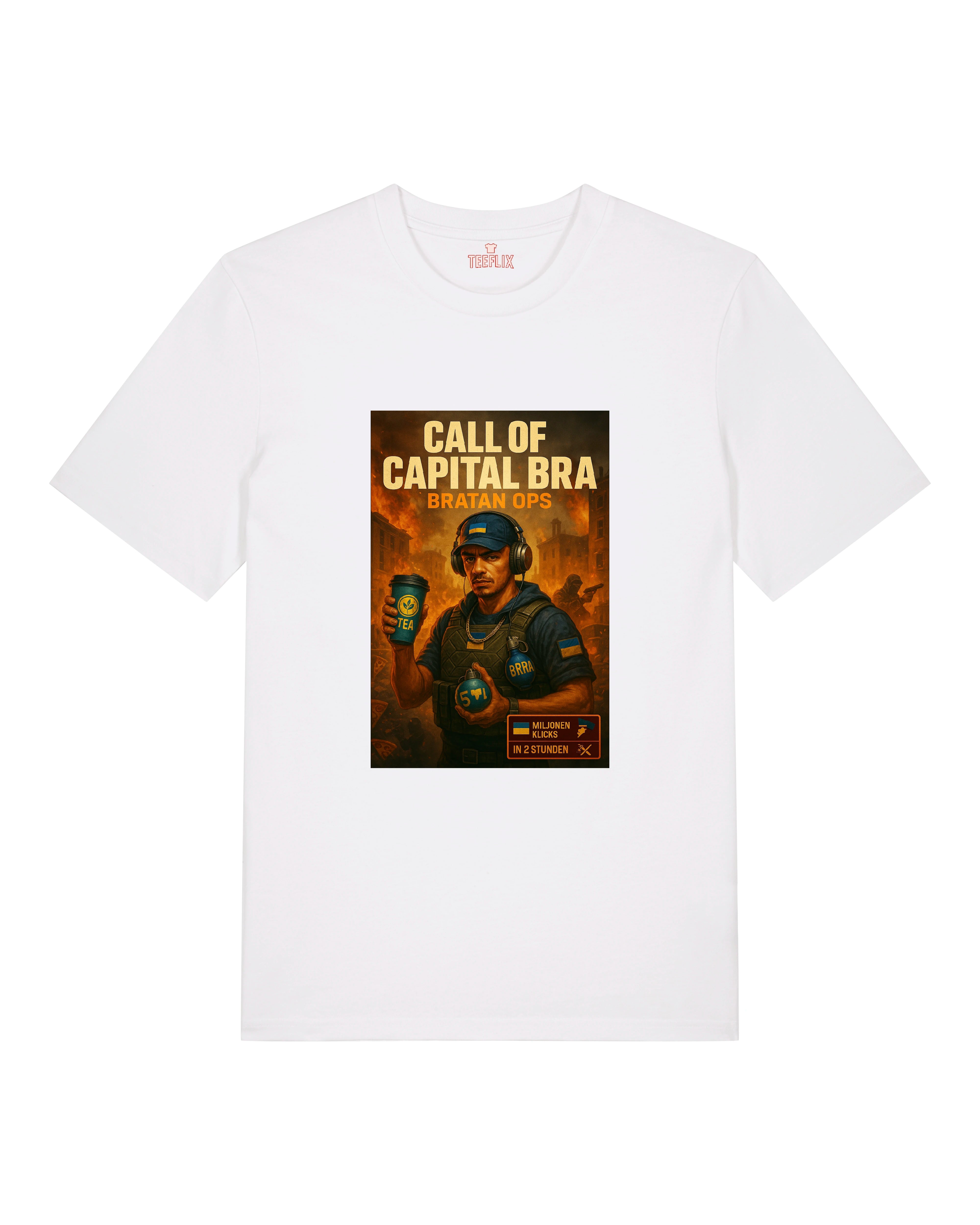 Oversized T-Shirt in [Farbe] mit „Call of Capital Bra – Bratan Ops“ Comic-Print im Gaming-Satire-Stil. Lustiges Motiv mit Rapper im Einsatz-Look.