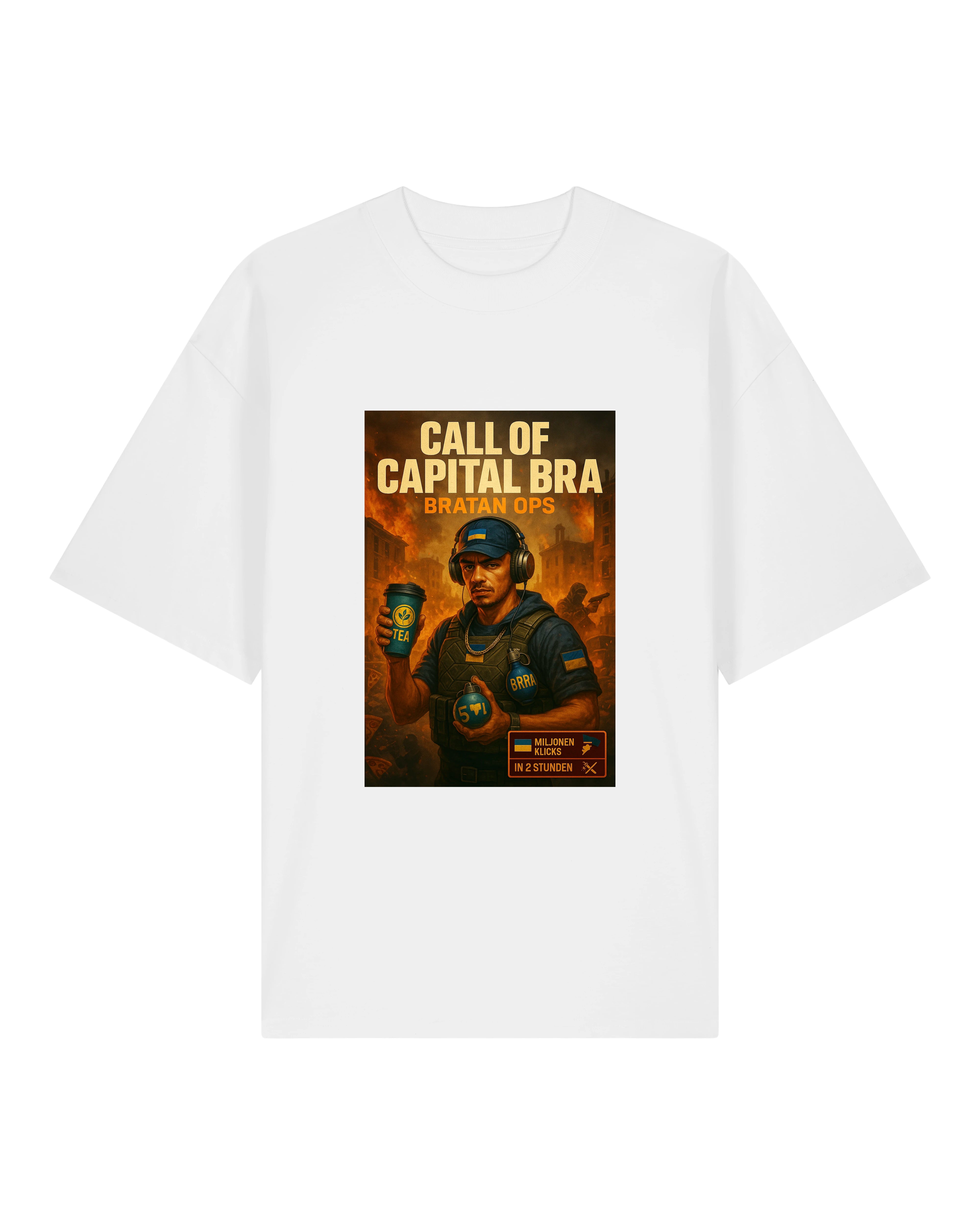 Oversized T-Shirt in [Farbe] mit „Call of Capital Bra – Bratan Ops“ Comic-Print im Gaming-Satire-Stil. Lustiges Motiv mit Rapper im Einsatz-Look.